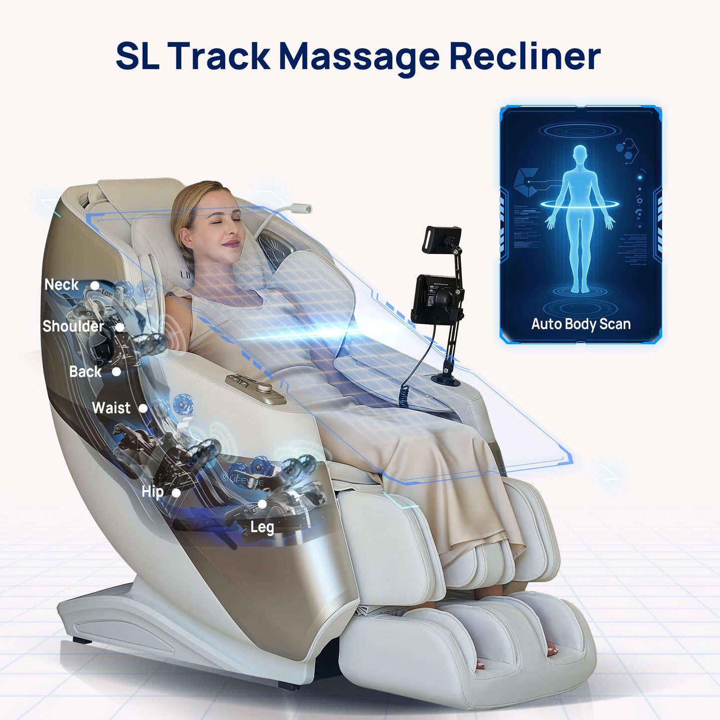 Lifevibe VAT Massage Chair Full Body VibroAcoustic Sonic Wave, SL-Track Zero Gravity Recliner with 25 Auto Modes, Smart Body Scan, Extendable Footrest, Reading Lamp, White