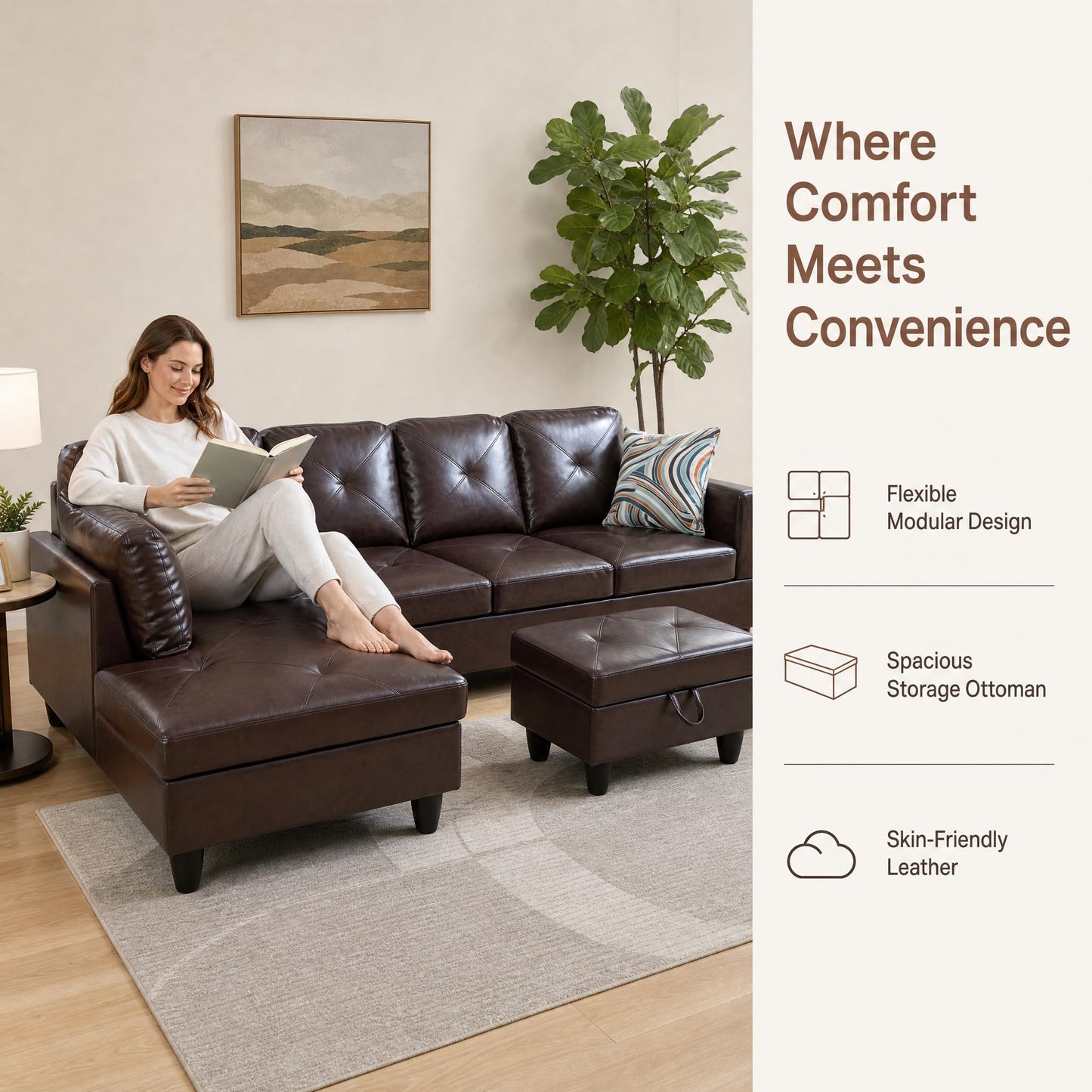 Trygoal 97" Leather L Shaped Couch with Left Chaise & Cup Holder, Sectional Sofas Modular Furniture Set with Storage Ottoman, Convertible Couches for Living Room, Small Space & Office (Brown)