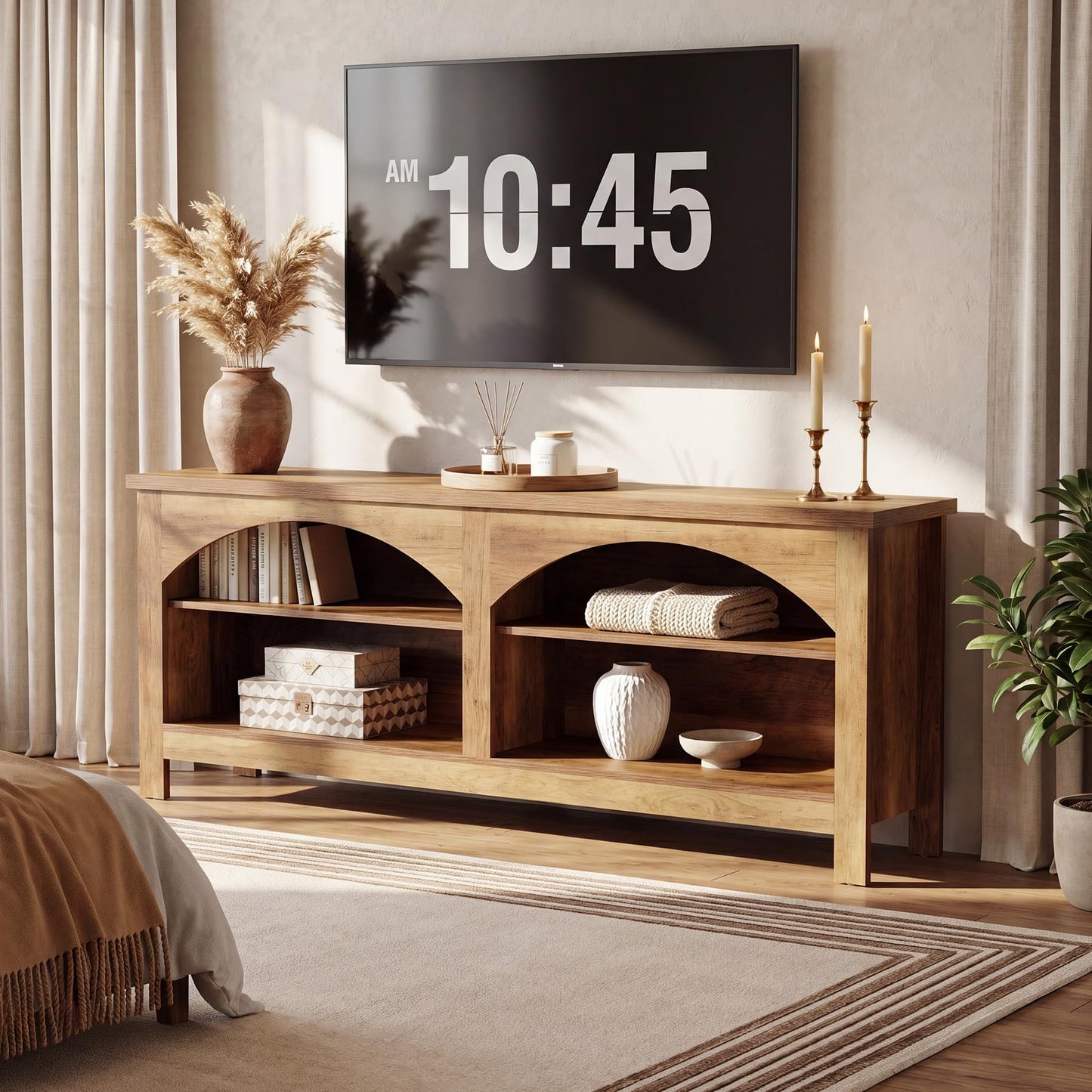 Tribesigns 63 Inch TV Stand for TVs Up to 70", Farmhouse Entertainment Center with Adjustable Shelves, Cable Management Holes & Arched Open Storage, Wooden Media Console Cabinet, Rustic Brown