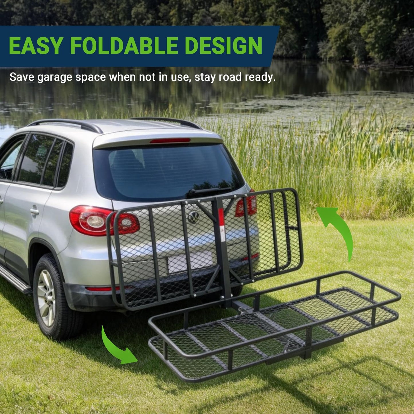 Season Guard Hitch Cargo Carrier with 14" High Side Rails, 60"x24"x14" Folding Steel Basket Rack, Heavy Duty Luggage Platform Fits 2" Receiver for SUV, RV, Trailer, Pickup Truck, 500lbs Capacity