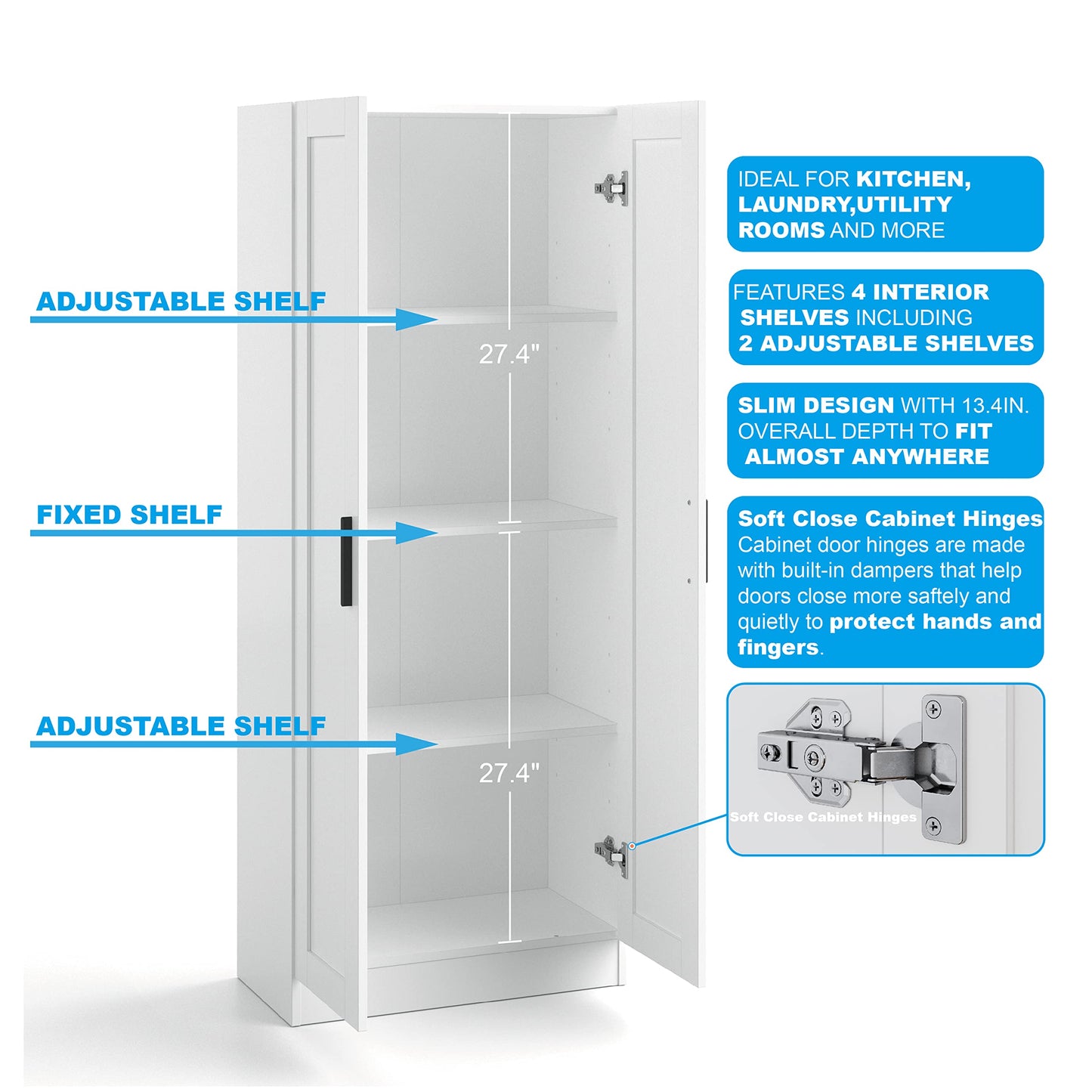 Panana Wooden Storage Cabinet, Narrow Pantry Cabinets Free Standing Tall Storage Cabinet with 2 Doors and Shelves (White)