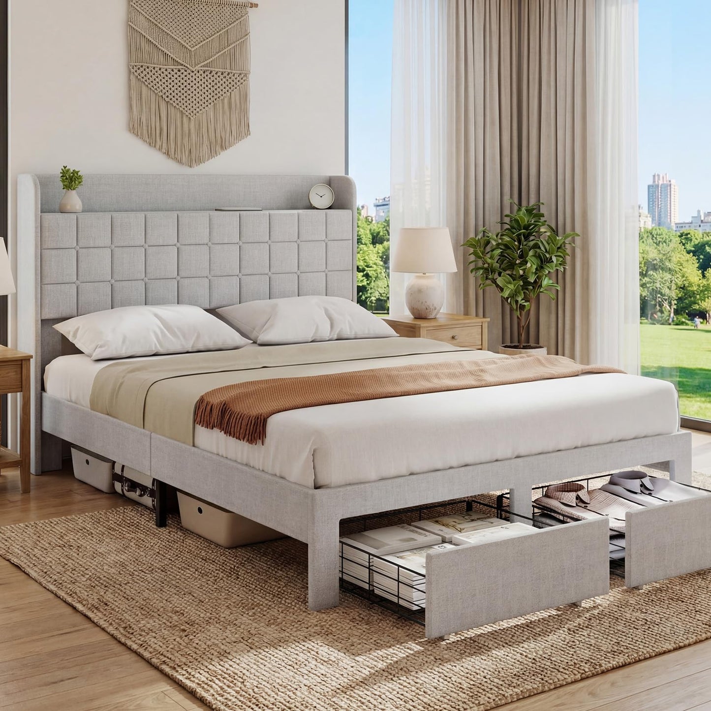 HAPPYMONT Full Size Storage Bed Frame, Square Tufted Headboard, Platform Bed with 2 Underbed Drawers at Foot, Wooden Slats Support, No Box Spring Needed, Light Gray