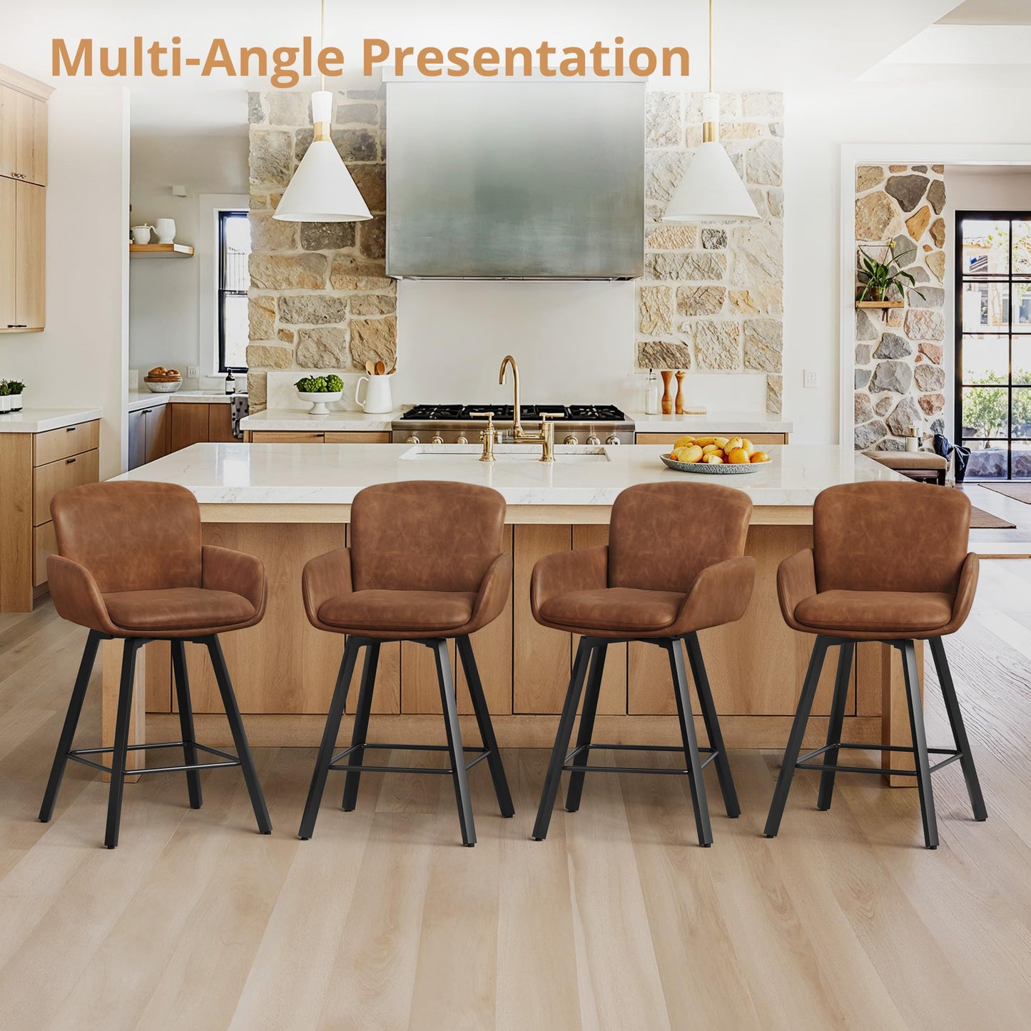 LUE BONA 26" Swivel Bar Stools Set of 4, Counter Height Bar Stools with Backrest and Arms, Modern Upholstered Barstools with Metal Legs for Kitchen Island, Brown