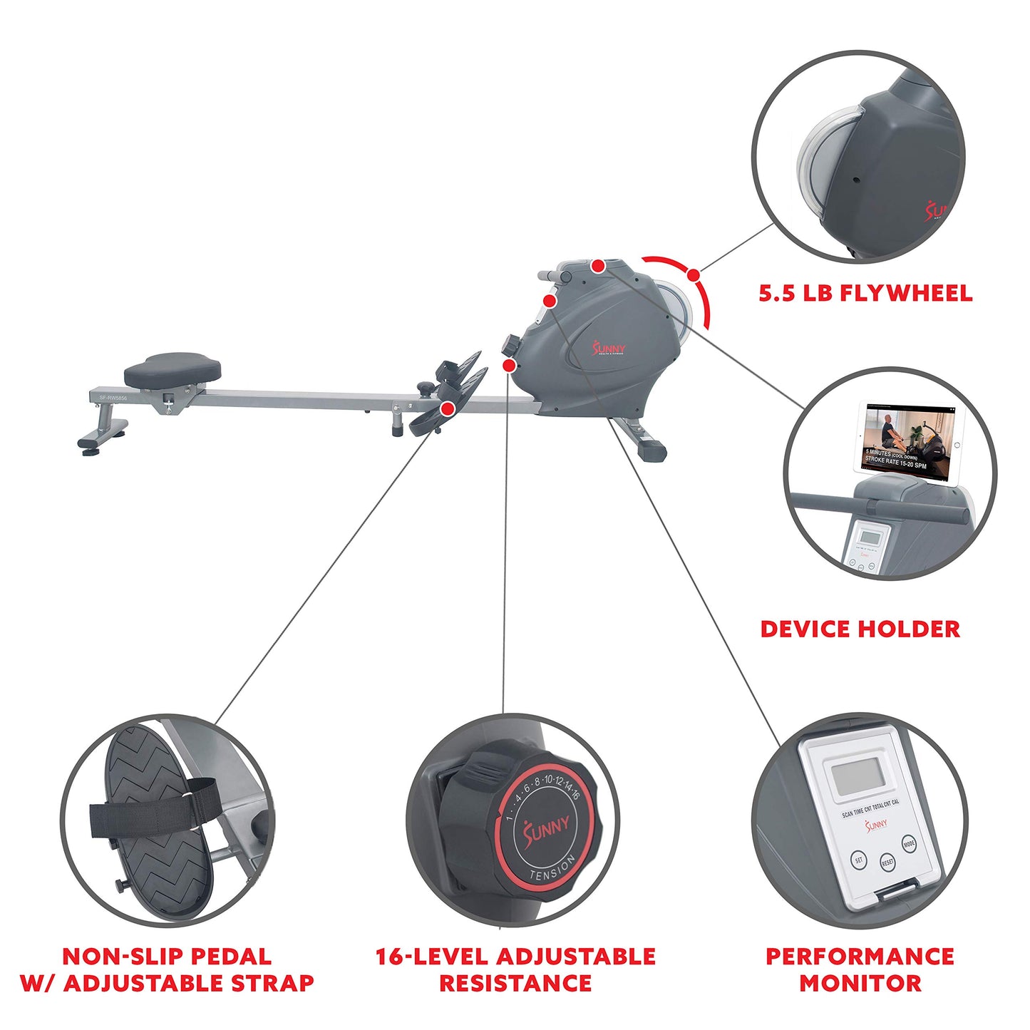 Sunny Health & Fitness SF-RW5856 Magnetic Rowing Machine Rower with Flywheel, 285 LB Max Weight, LCD Monitor and Device Holder