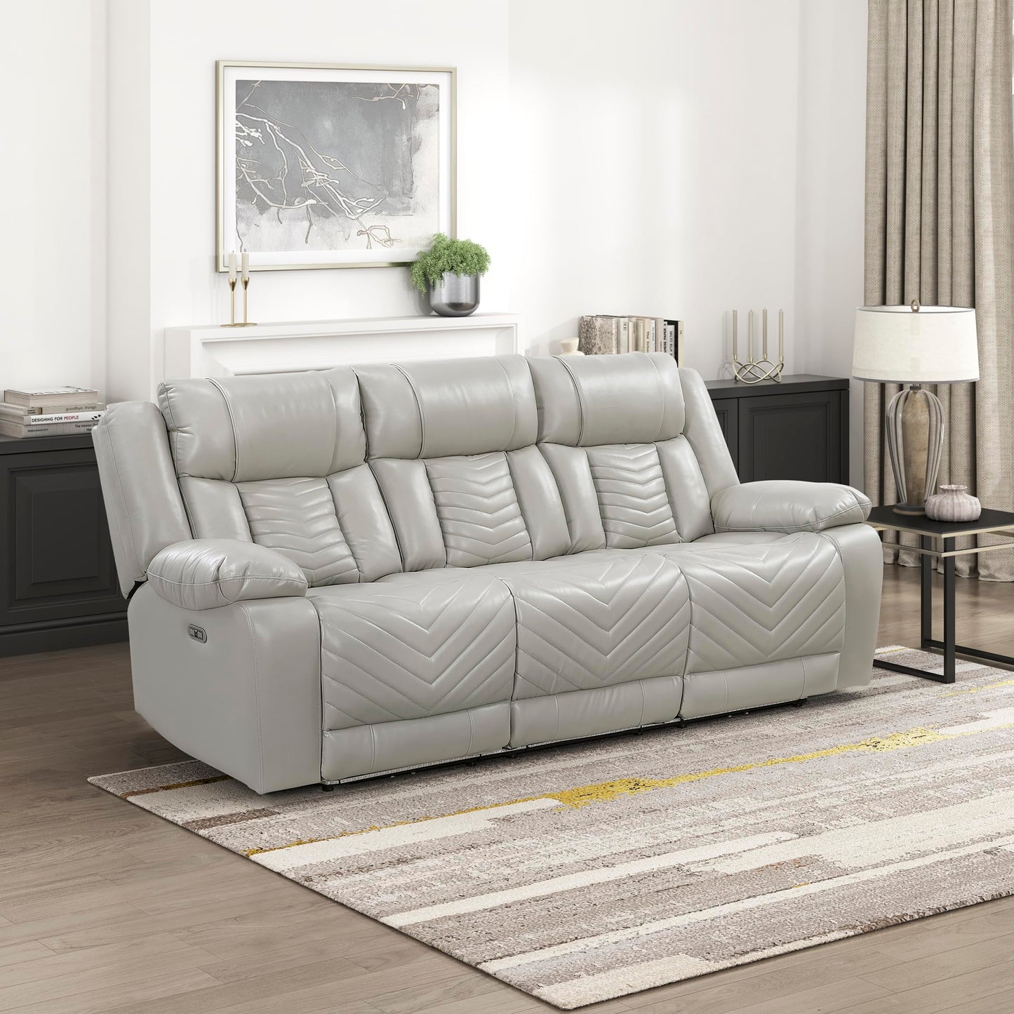 Lexicon Wall Hugger Power Double Reclining Sofa with Center Drop-Down Table, Faux Leather Home Theater Seating with LED Lighting/USB Charging Ports/Wireless Charger/Cup Holders, Magazine Pocket, Gray