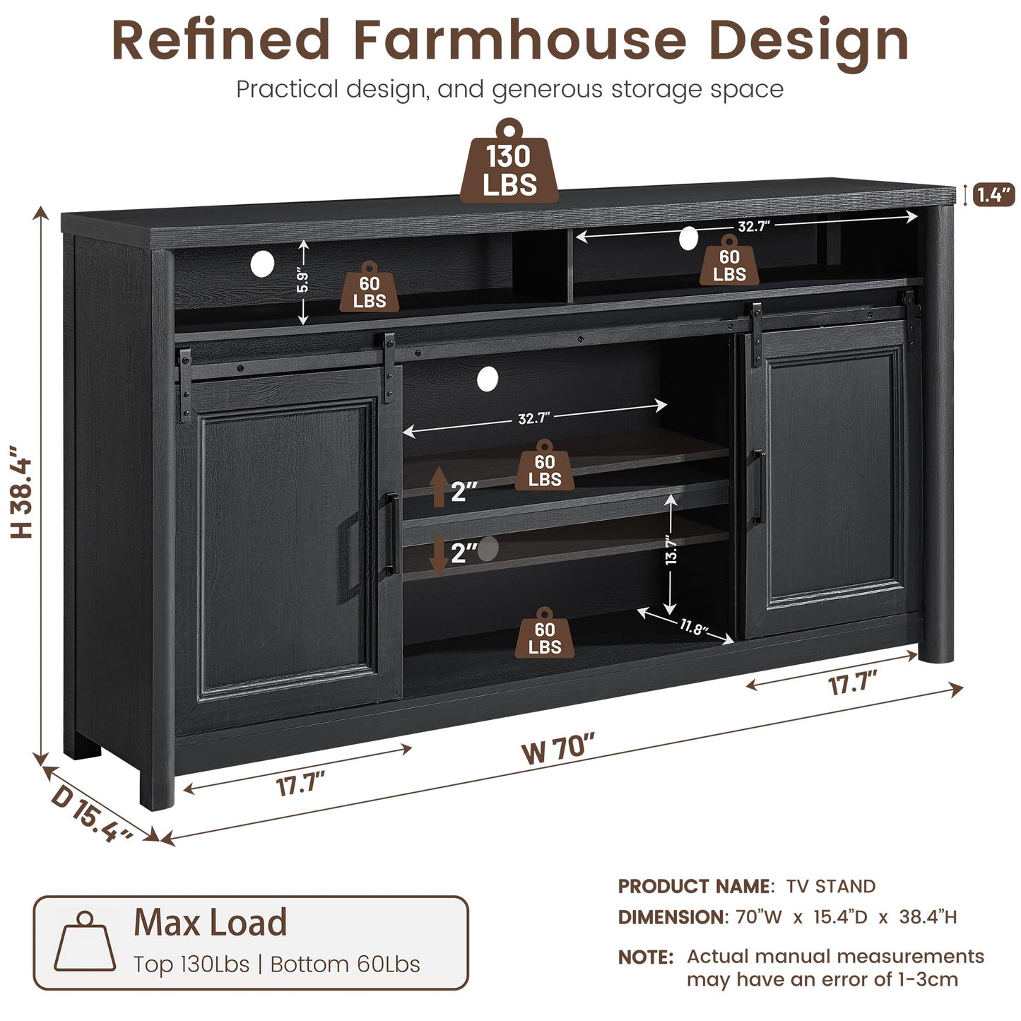 Farmhouse TV Stand for Living Room, Large Black Entertainment Center with Storage, TV Console for Bedroom, TV Stand with Sliding Barn Door Television Stands for 80 Inch TV, 38 Inch Tall Media Cabinet