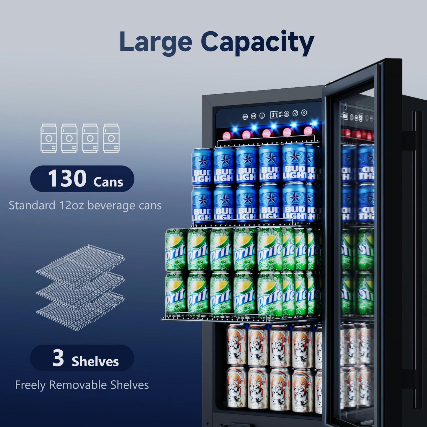 ICEVIVAL 15 Inch Under Counter Beverage Refrigerator, 130 Cans Large Capacity Beverage Fridge, Buit-In or Freestanding Drink Cooler with Glass Door & Adjustable Shelves, for Home, Office, Bar (Black)