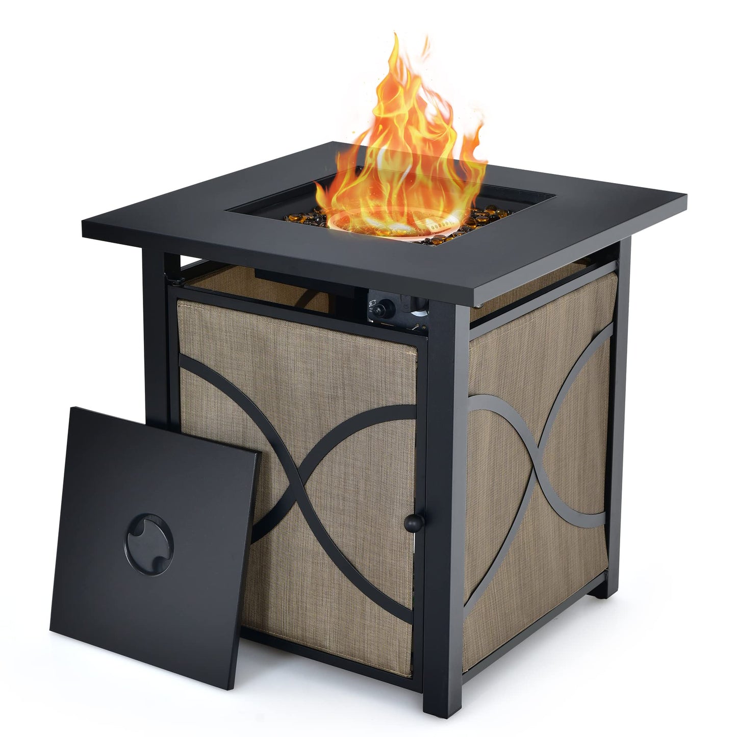 COOURIGHT Propane Fire Pit Table, 25" 40000 BTU Wicker-Look Square Fire Pits w/Lid, Fire Glass, Auto Ignition, Adjustable Flame, CSA Approved, Outdoor Steel Fire Table for Patio, Garden, Backyard