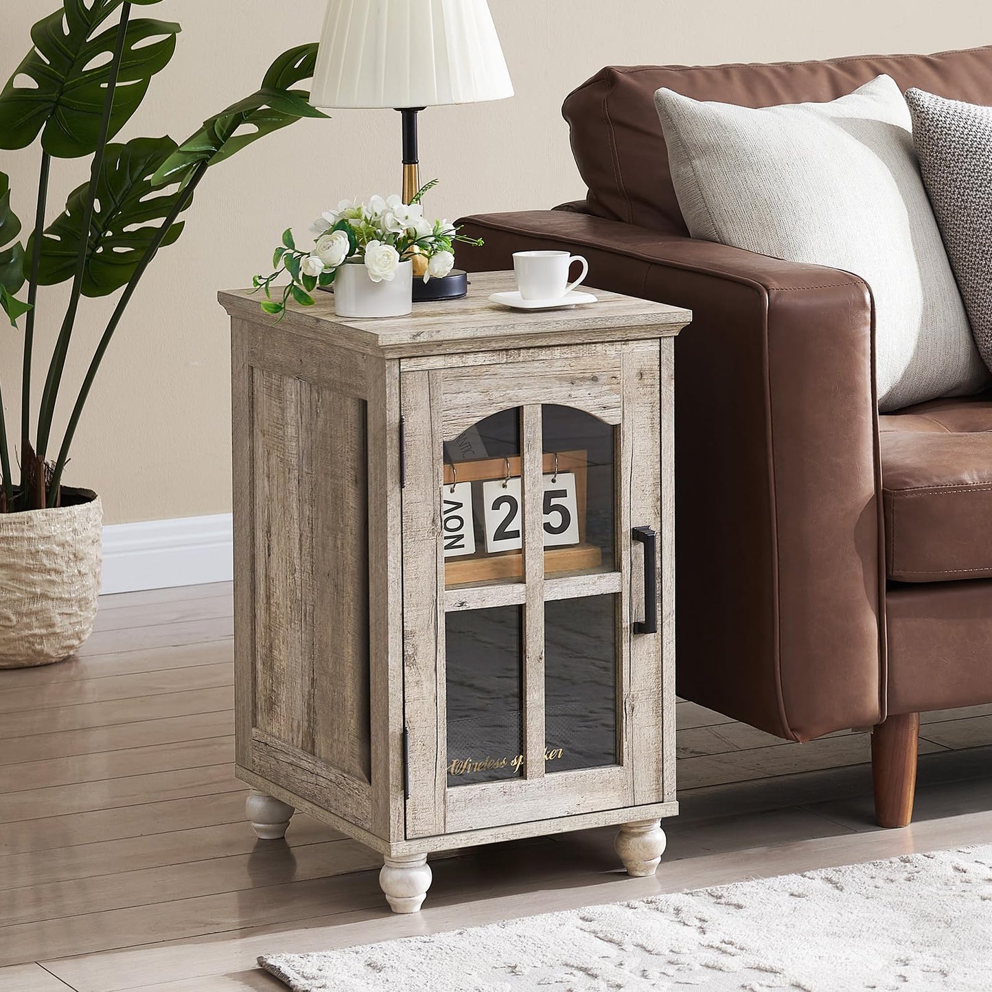 RWYHG Farmhouse End Table Set of 2 with Charging Station, 18'' Narrow Side Table and 24" Large Sofa Table with Glass Barn Door Storage, Wood Night Stand Bedside Cabinet for Living Room,Bedroom