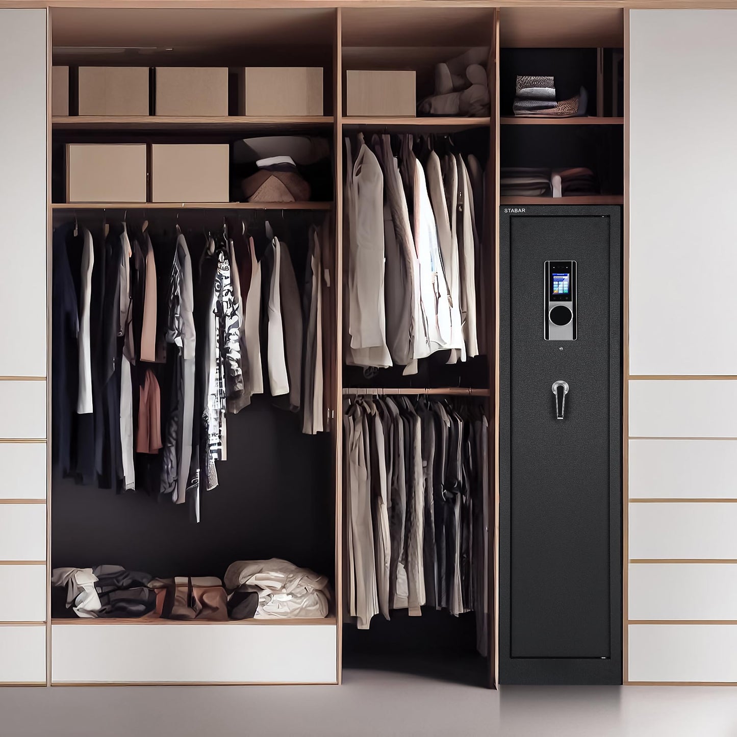 STABAR Gun Safe Biometric Rifle Gun Safe Box with Facial Recognition Handgun Pockets and Built-in Lockable Box, and Silent Mode