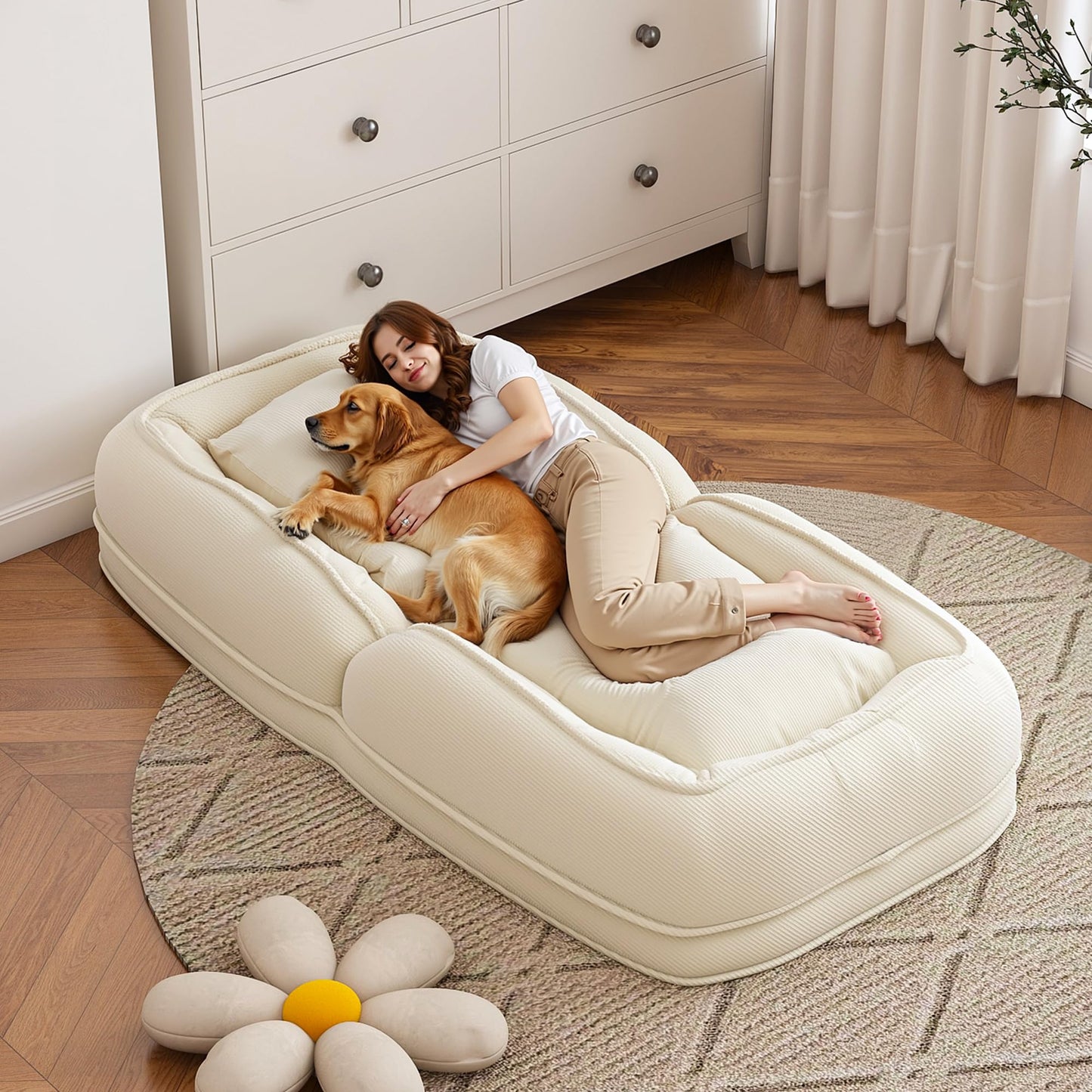 KEIKI Giant Human Dog Bed for People, Adjustable Floor Sofa Bed with 5-Position Backrest & 2 Pillows, Foldable Human Size Dog Bed, Plush Lounge Chair for Adults, Gaming, Reading, Relaxing, Off White