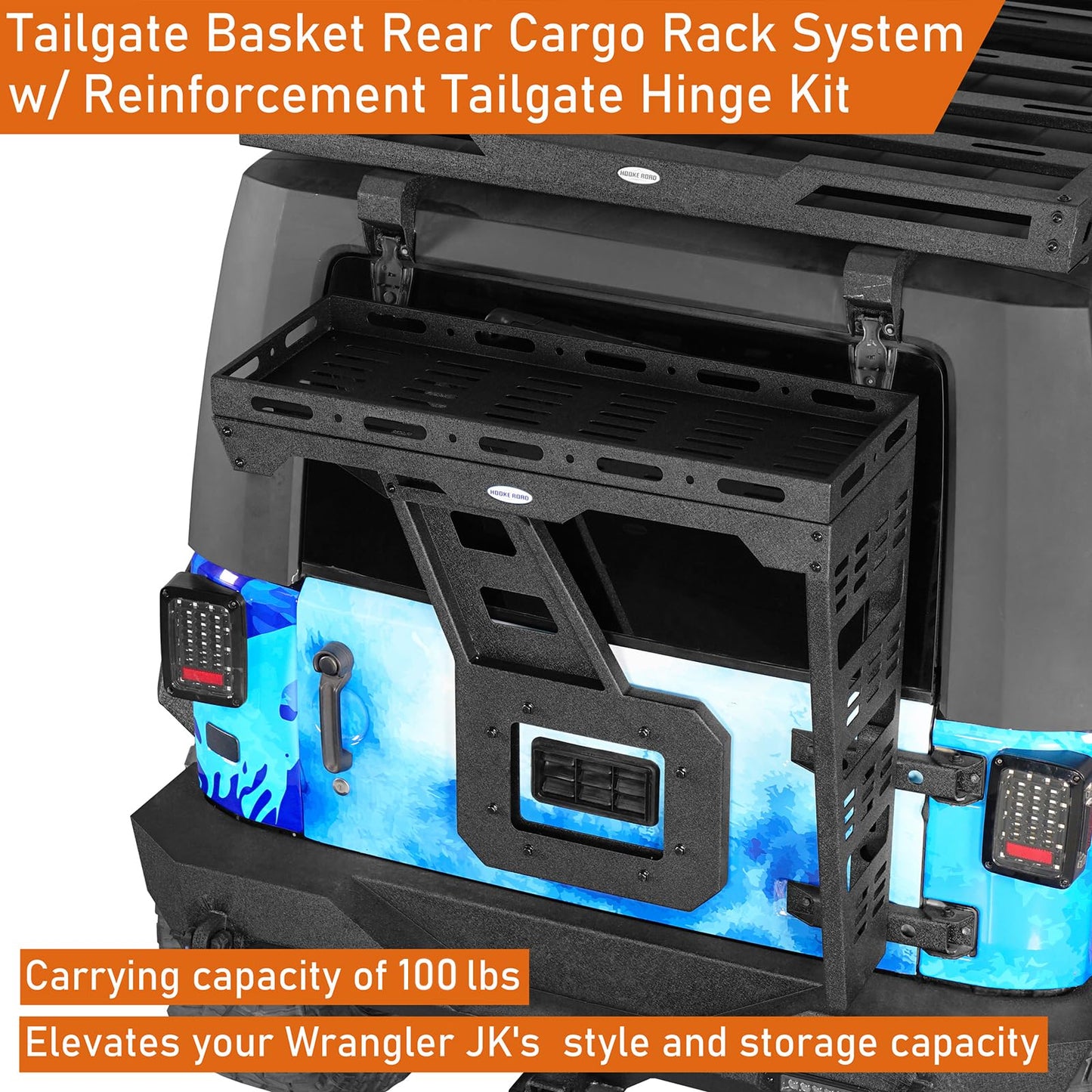 Hooke Road JK Spare Tire Cargo Basket Rack for 2007-2018 Jeep Wrangler JK & Unlimited 2/4 Doors, Rear Steel Storage Tray Luggage Carrier with Reinforced Tailgate Hinge Kit