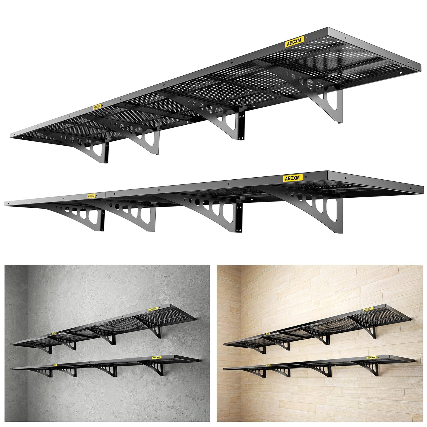 Aecxm 4-Pack 1.64x4ft Adjustable Garage Wall Shelving 1120lbs Load Capacity Heavy Duty Wall Mounted Storage Shelf Metal Floating Shelves for Garage(Black)