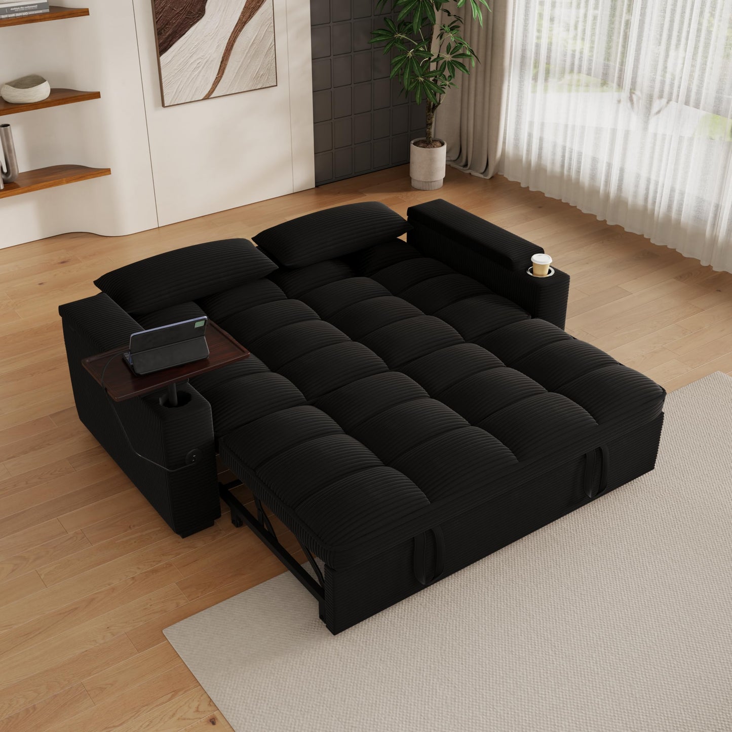 KEIKI 65" 3-in-1 Convertible Sofa Bed with 360° Swivel Table, Pullout Sleeper for Living Room, Small Space Apartment, Modern Textured Corduroy Upholstery, USB Charging, Storage Armrests