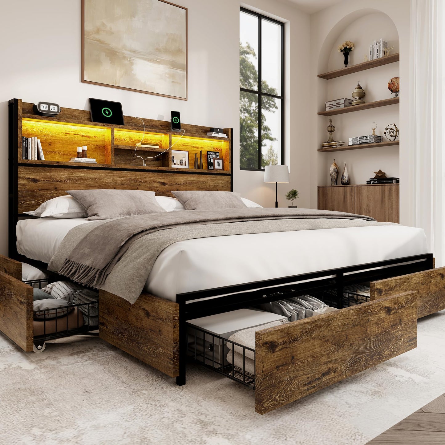 BRELTAM King Storage Bed Frame with 6 Drawers, USB Charging Station, No Noise, No Box Spring Required, Vintage Brown Headboard Platform Bed