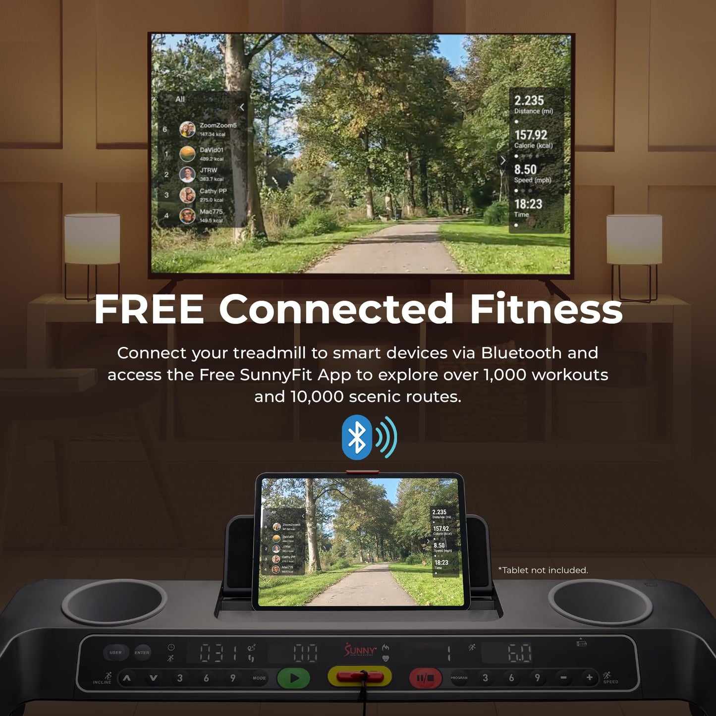 Sunny Health & Fitness Foldable 15 Level Auto Incline Treadmill, 20" Wide Running Belt, Quiet Brushless, Digital Display, 300 LB Weight Capacity, SunnyFit App Bluetooth Connection