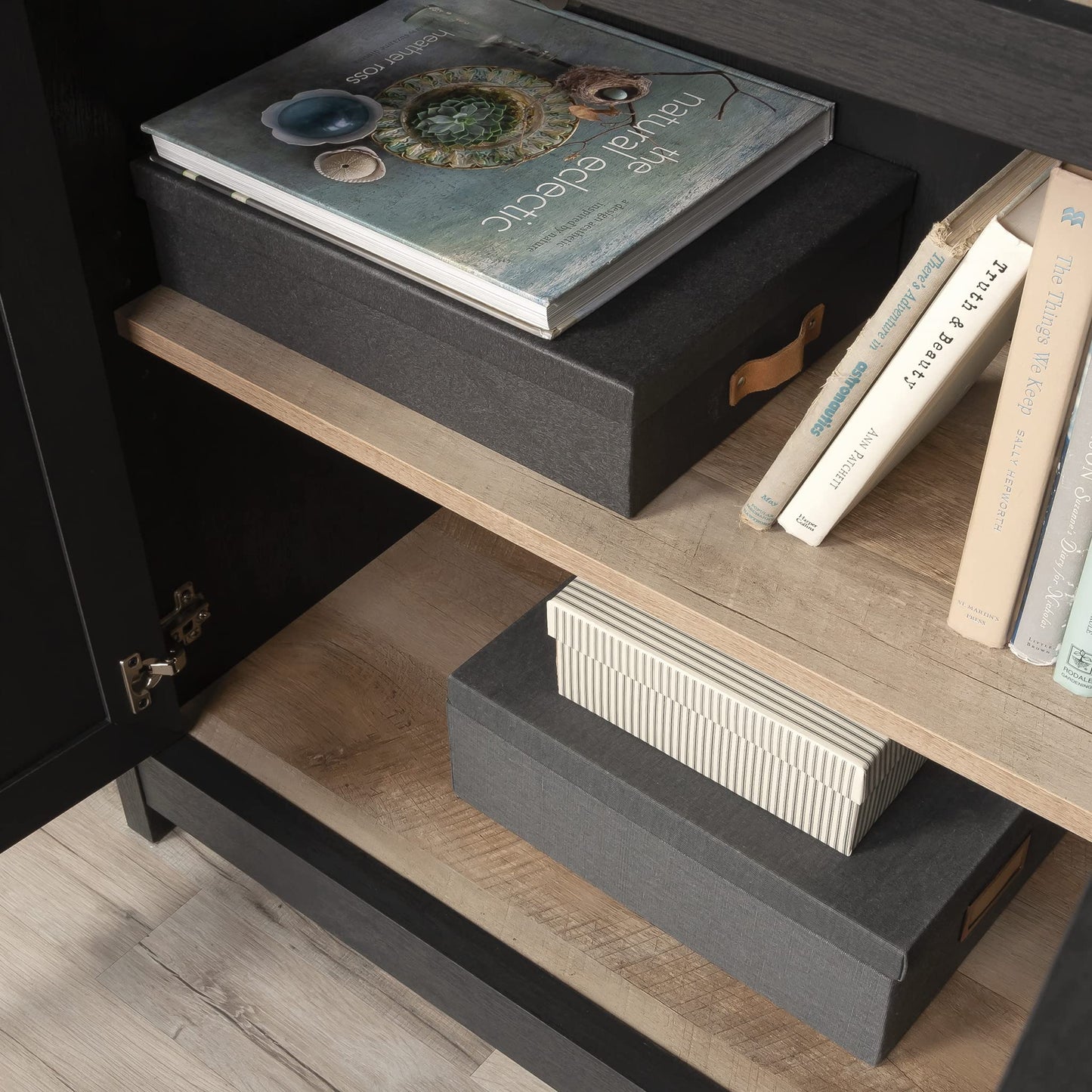 Sauder Cottage Road Book Shelf, Bookshelf with Storage, Library Bookcase with Doors and Adjustable Shelves, in Raven Oak Finish