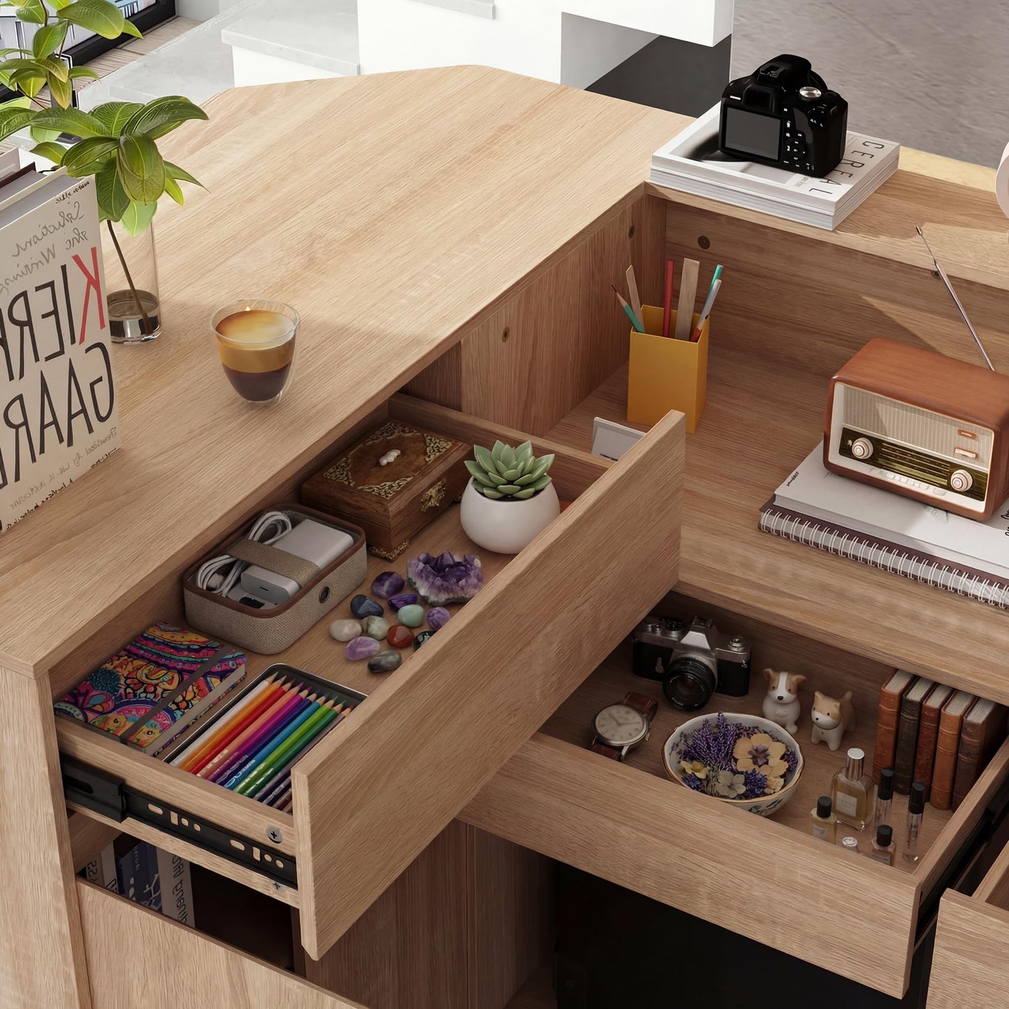 AIEGLE Reception Desk with Counter, 70.9" W Modern Retail Checkout Counter w/Drawers & Open Shelves, L-Shaped Oak Front Desk Reception Table with Storage Cabinet for Salon, Lobby, Office
