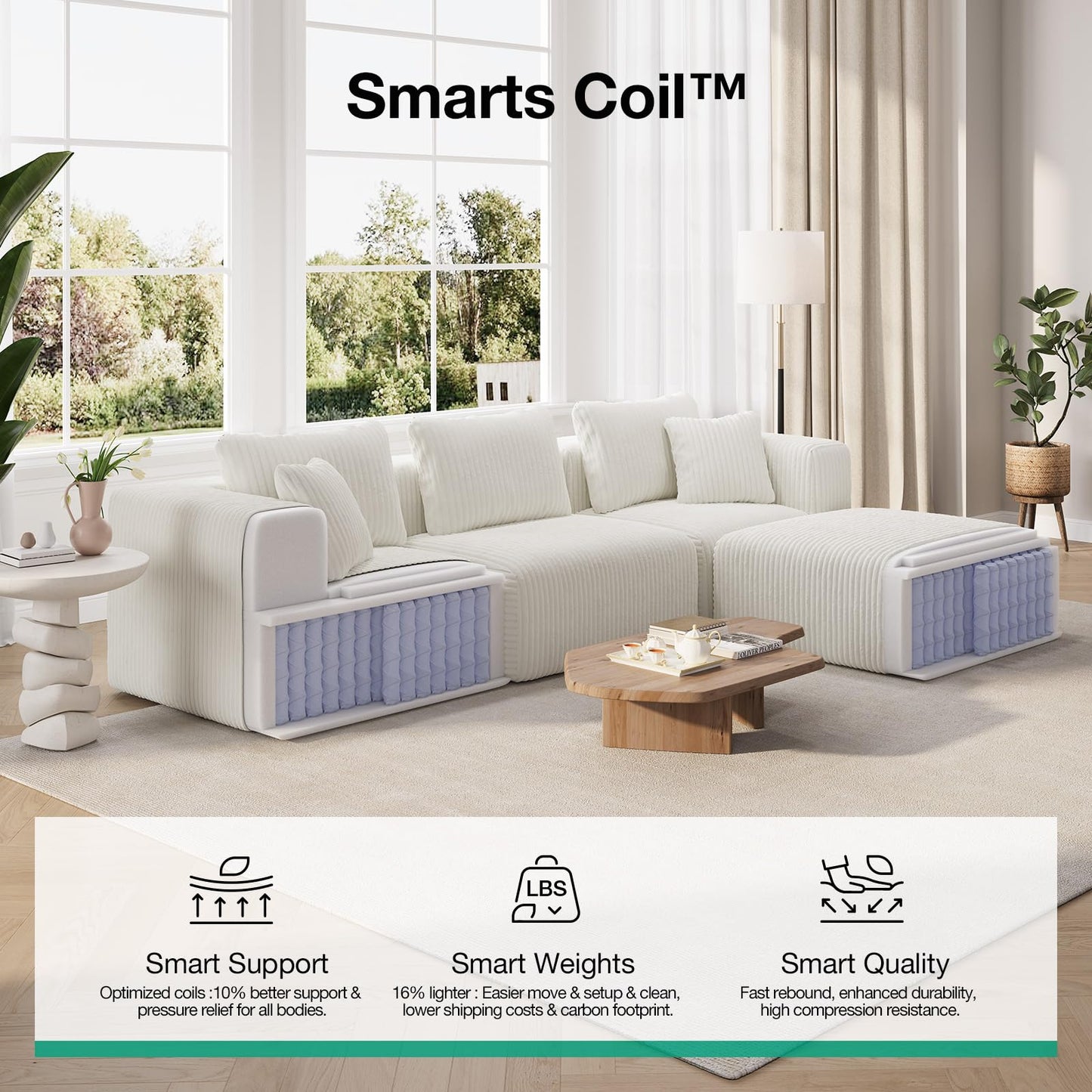 Novilla 141" Modular Sectional Sofa, Modern Cloud Sectional Couch with Smarts Coil® Support, U-Shape Boneless Couch for Living Room Apartments, No Assembly Required, Beige (4 Seat w/ 4 Ottoman)