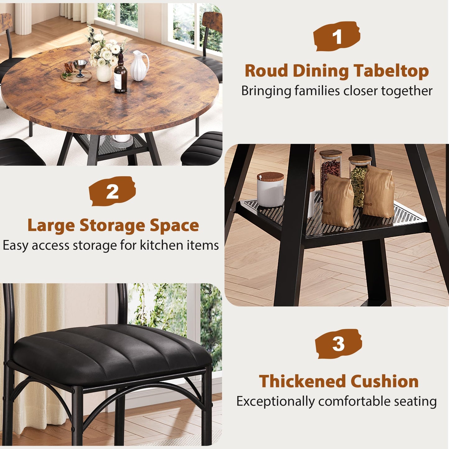 Round Dining Table Set for 4, Kitchen Table and Chairs for 4, Circle Table Round Pedestal Dining Room Dinner Dinette Table Set,5 Piece Space Saving Wood Kitchen & Dining Room Tables (Vintage, 42In)