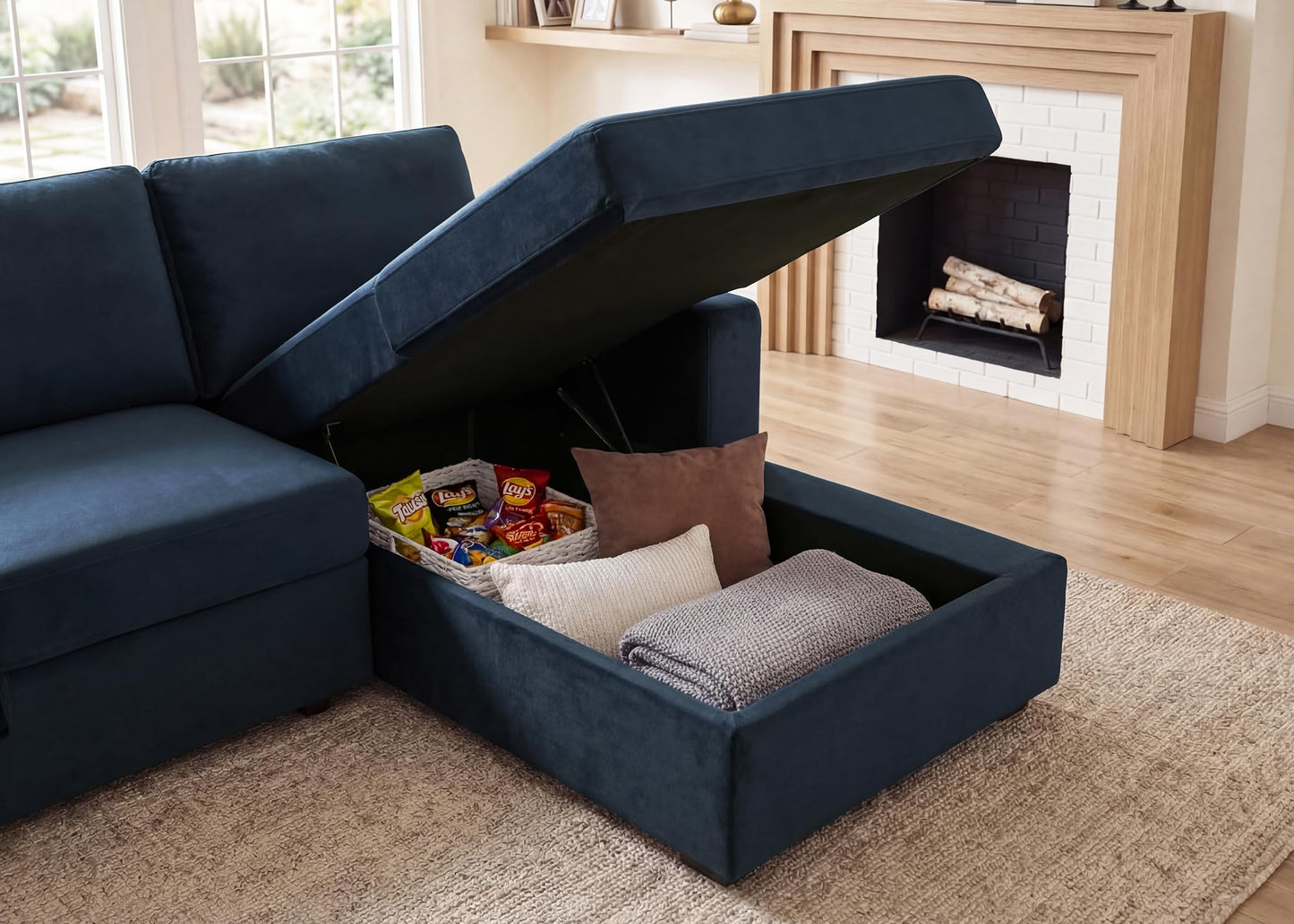 HONBAY Sleeper Sectional Couch with Pull-Out Bed Sectional Sleeper Sofa Pull Out Bed with Storage Chaise, 6 Seaters Couch for Living Room, Velvet Blue