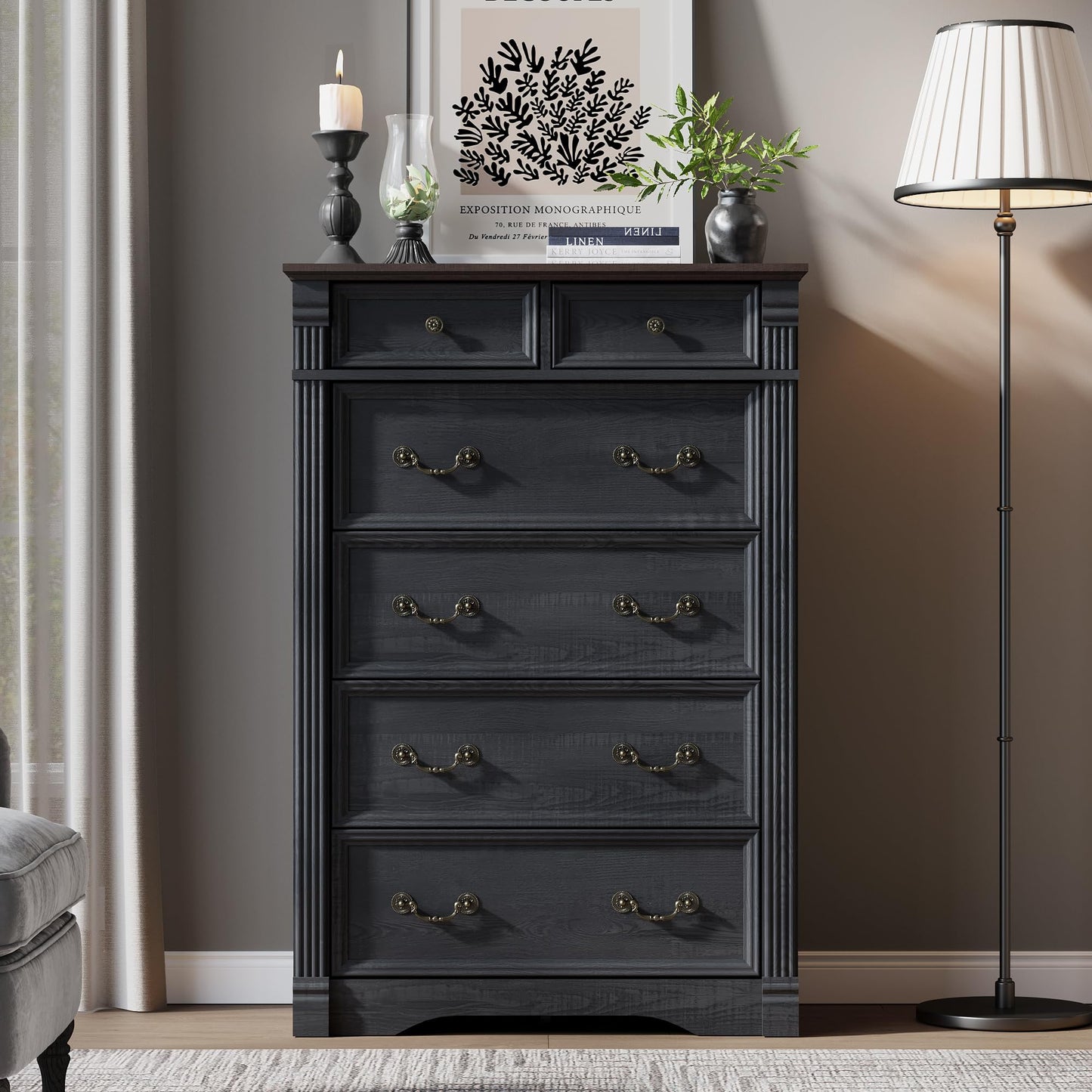 Black Dresser for Bedroom, 47" Tall Dresser for Bedroom, Wood Rustic Chest of Drawers with Chic Wood Pilasters, Farmhouse Dressers Organizer for Bedroom, Hallway