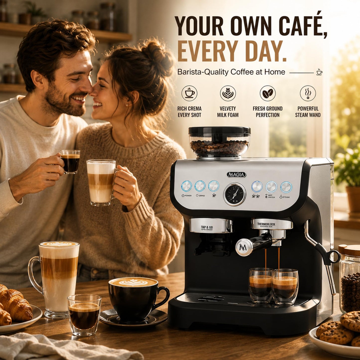 Zulay Kitchen Magia Manual Espresso Machine with Built-In Grinder & Steam Wand – 15 Bar Pressure Espresso Maker, 2L Removable Water Tank, Milk Frother, Complete Home Barista Set, Black & Silver