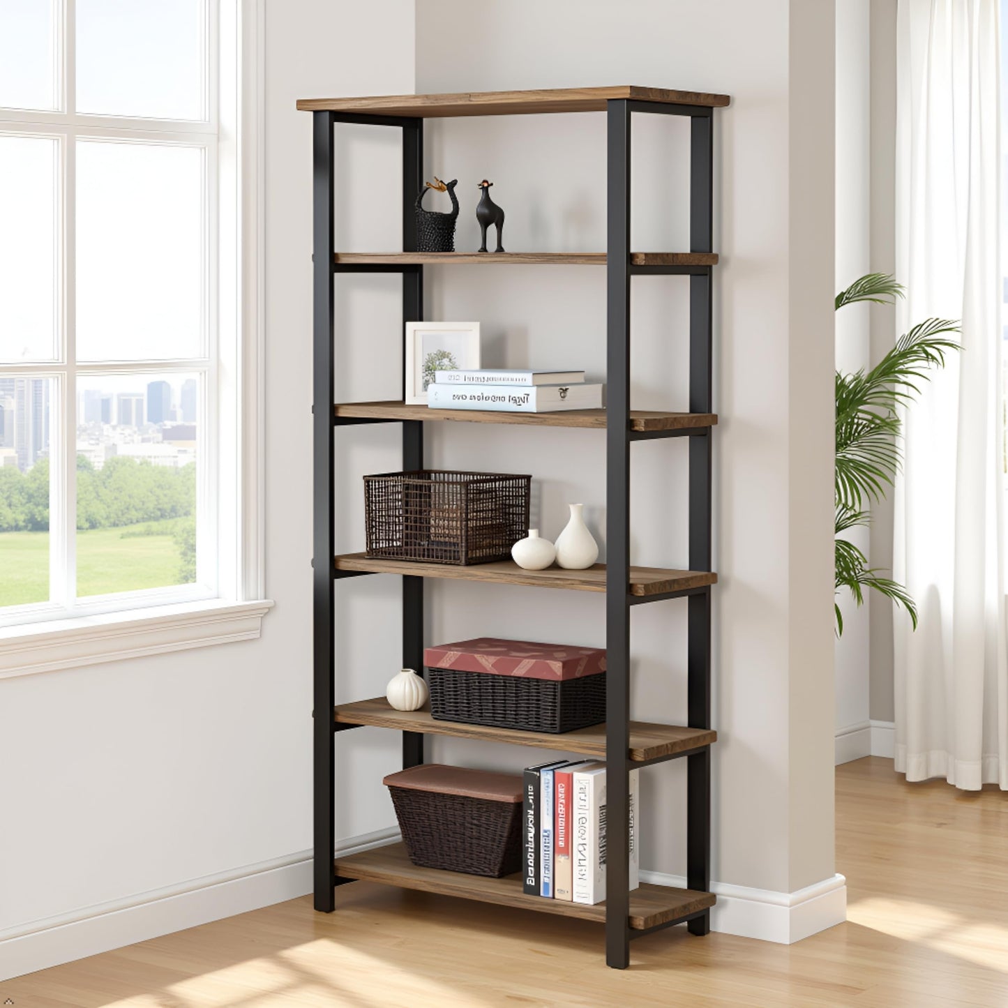 Alaterre Furniture Pomona Living Room 6-Tier Solid Wood Bookcase with Metal Frame – Rustic Industrial Modern Wood and Metal Bookshelf for Home Office, Living Room, or Bedroom Storage