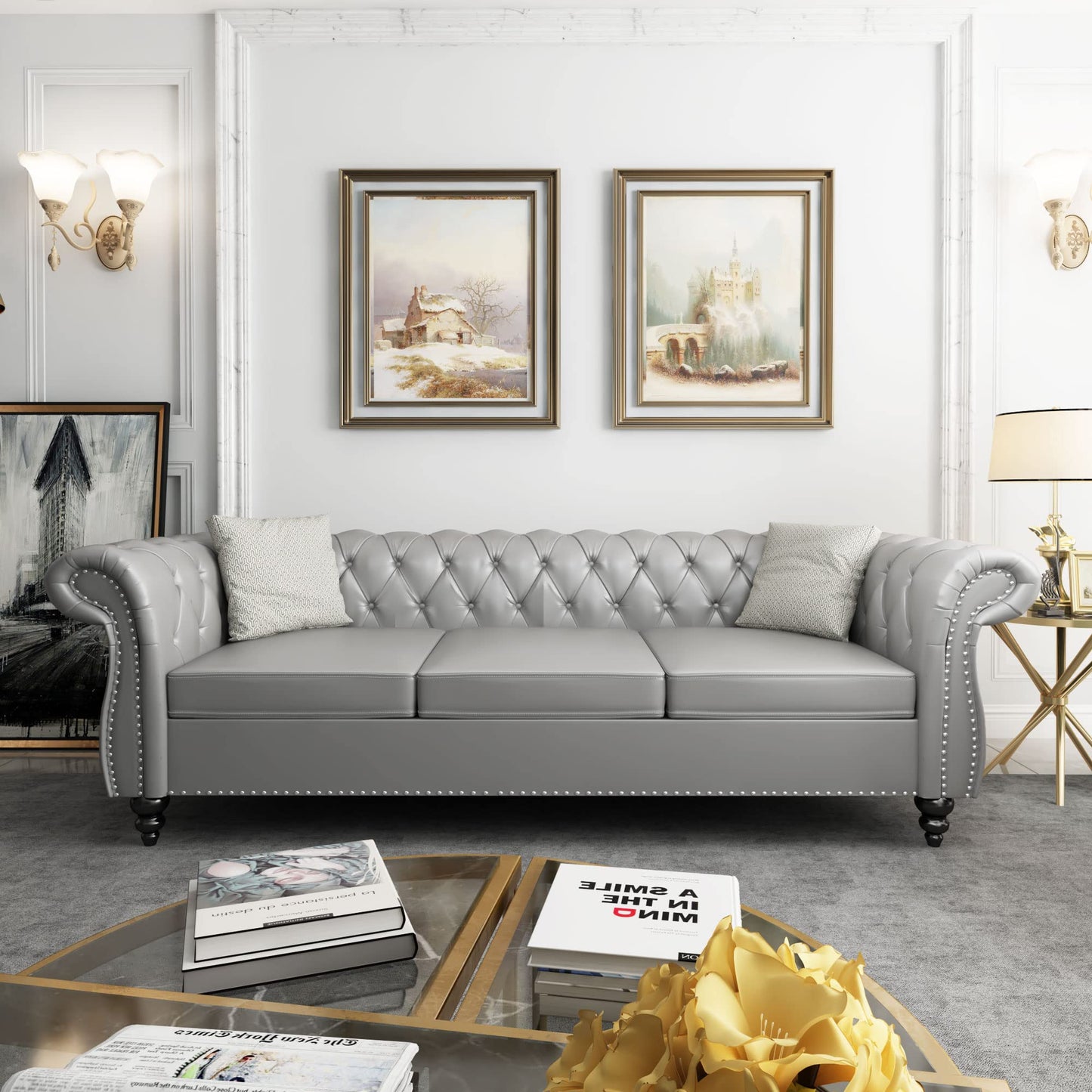 ORRD Chesterfield Sofa Leather, Modern PU Tufted Couch 3 Seater with Rolled Arms and Nailhead for Living Room, Bedroom, Office, Apartment (Grey)