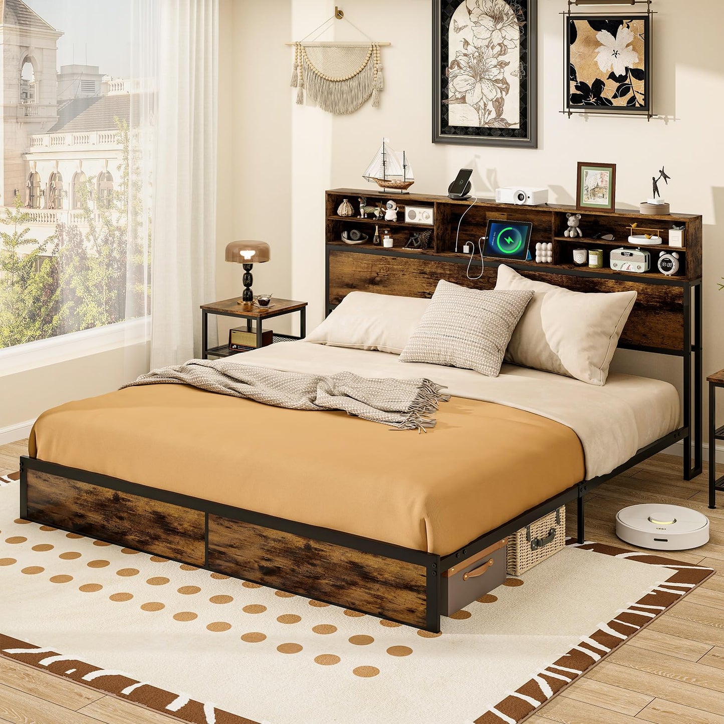 GOFLAME King Size Bed Frame with Storage Headboard, Metal Platform Bed Base with Charging Station & Under Bed Storage, Heavy-Duty Slatted Mattress Foundation, No Box Spring Needed, Rustic Brown