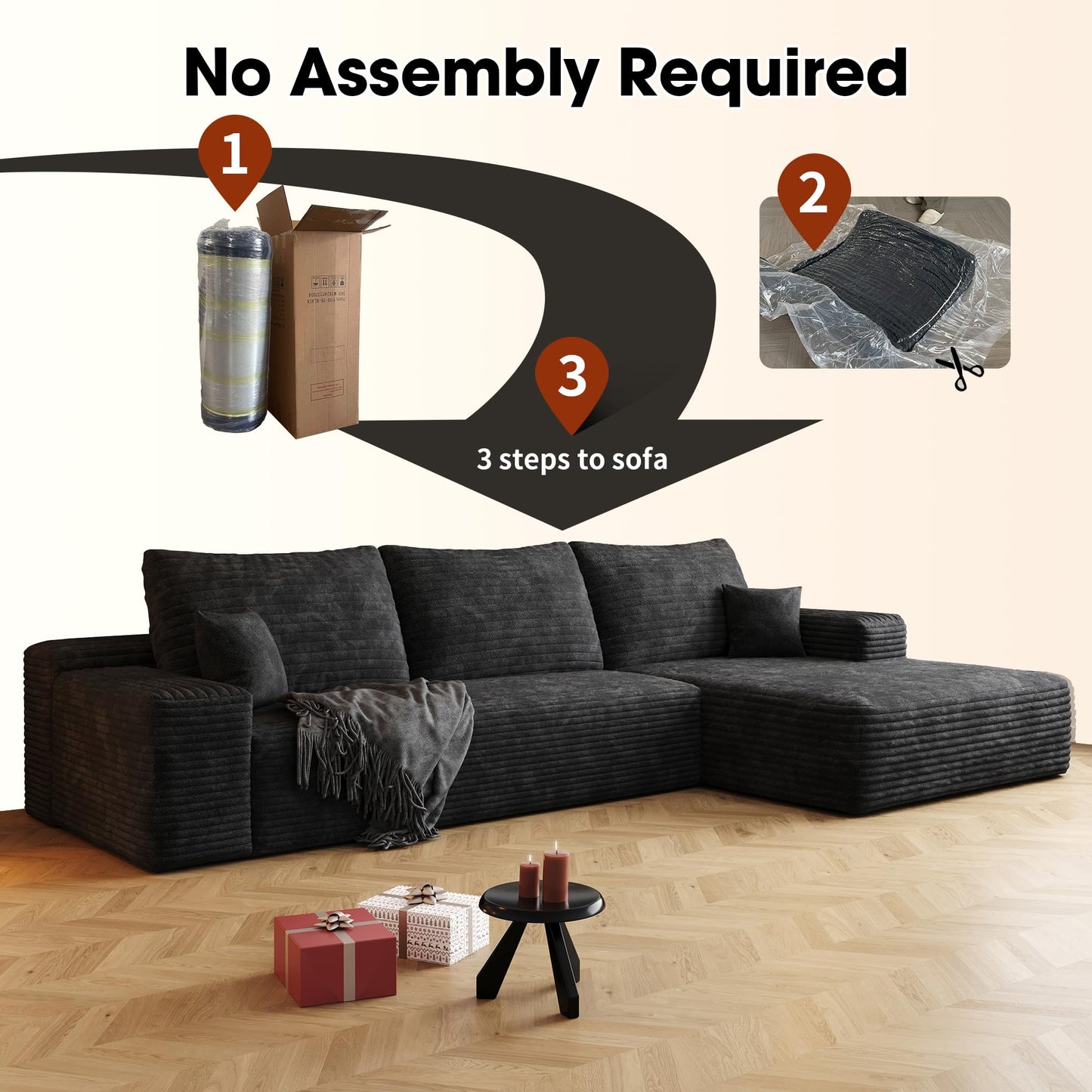 107" Oversized Cloud Sectional Sofa Boneless Couches for Living Room, Right Facing Chaise Modular L Shaped Corner Couch with Deep Seat, Memory Foam Compressed Sofa, No Assembly Required