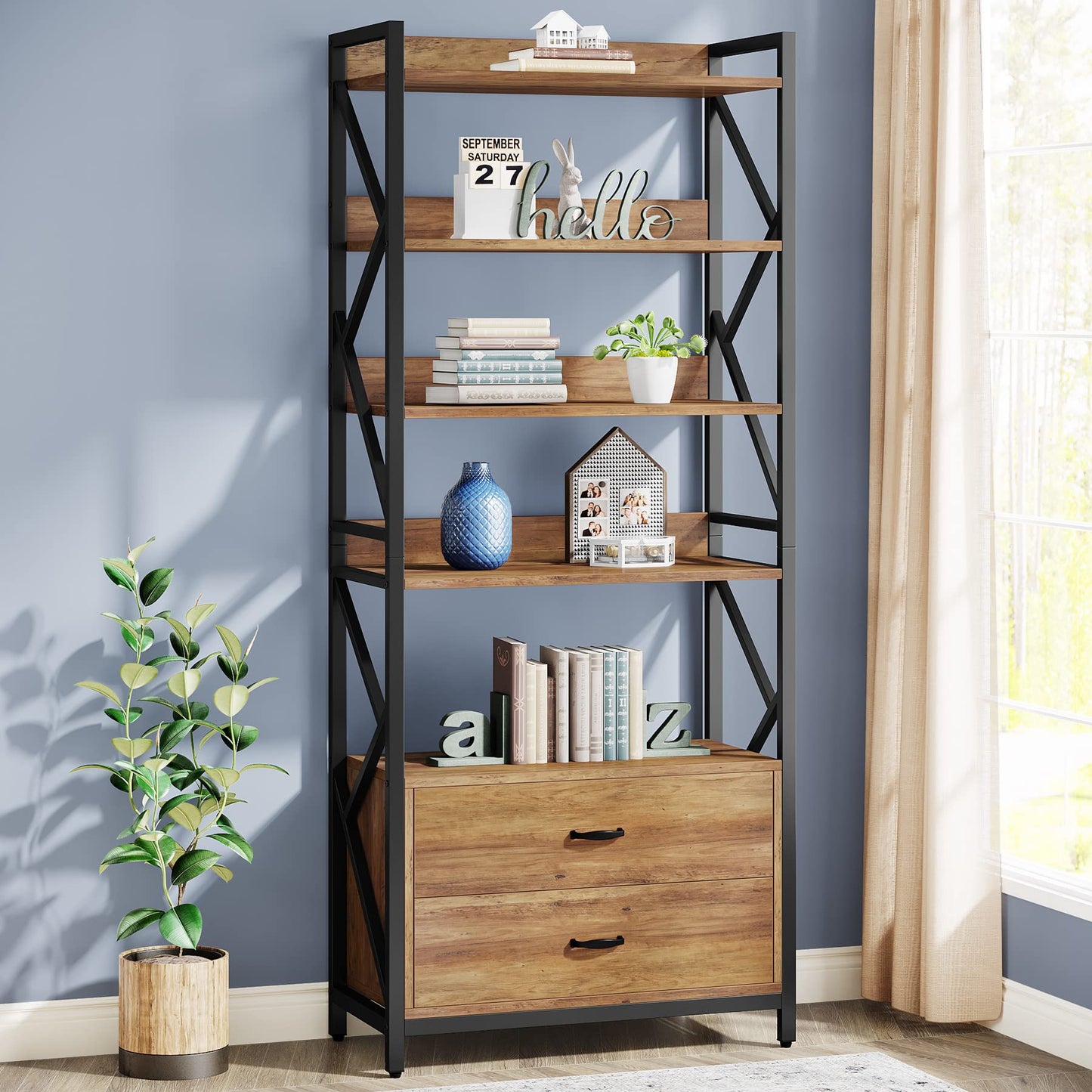 Tribesigns Bookshelf with Drawers, 70.8" Industrial Bookcase with 2 Drawers, 5 Shelf Open Shelf for Storage, Wood Book Shelf for Living Room, Bedroom, Home, Office (1, Rustic Brown)