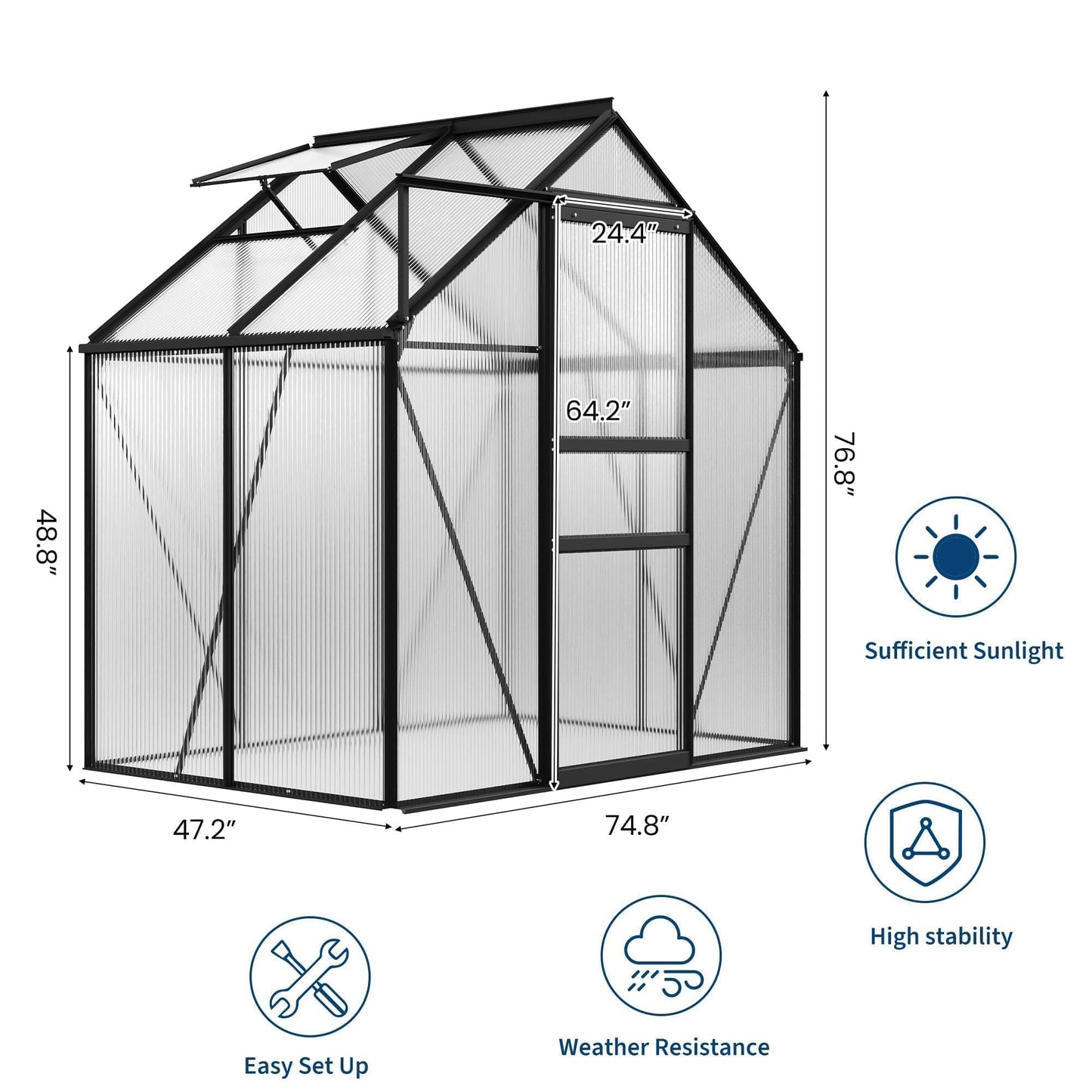 COZONY Heavy Duty Aluminum Frame Walk-in Greenhouse, 6x4 FT Polycarbonate Panels - Sliding Door, Adjustable Roof Vent, Rain Gutter - Sturdy Outdoor Greenhouse for Backyard, Patio, Garden - Color: