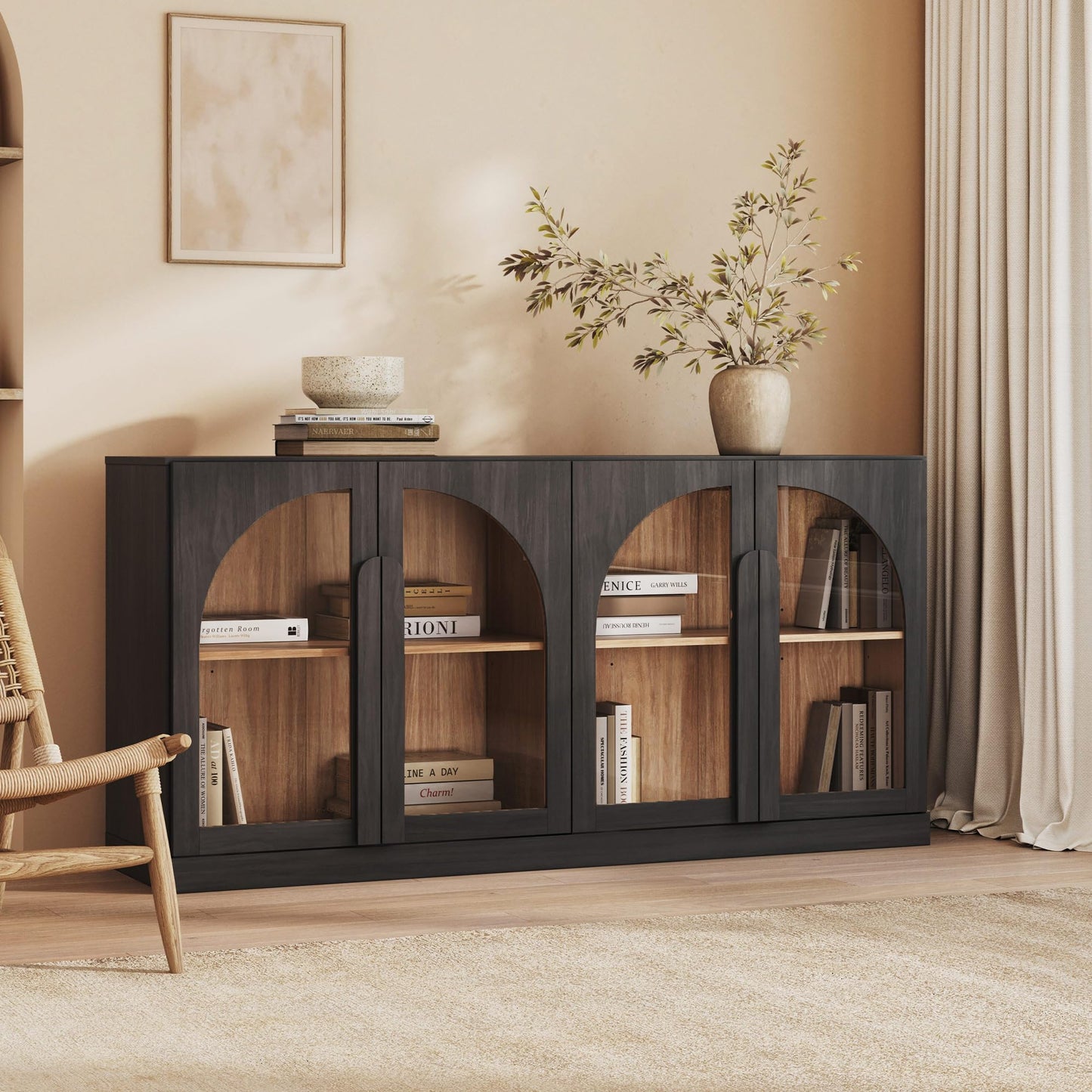 BELLEZE 64" Kitchen Storage Cabinet with Adjustable Shelves, Freestanding Accent Cabinet with Arched Glass Doors for Living Room, Dining Room, Entryway, Ebony