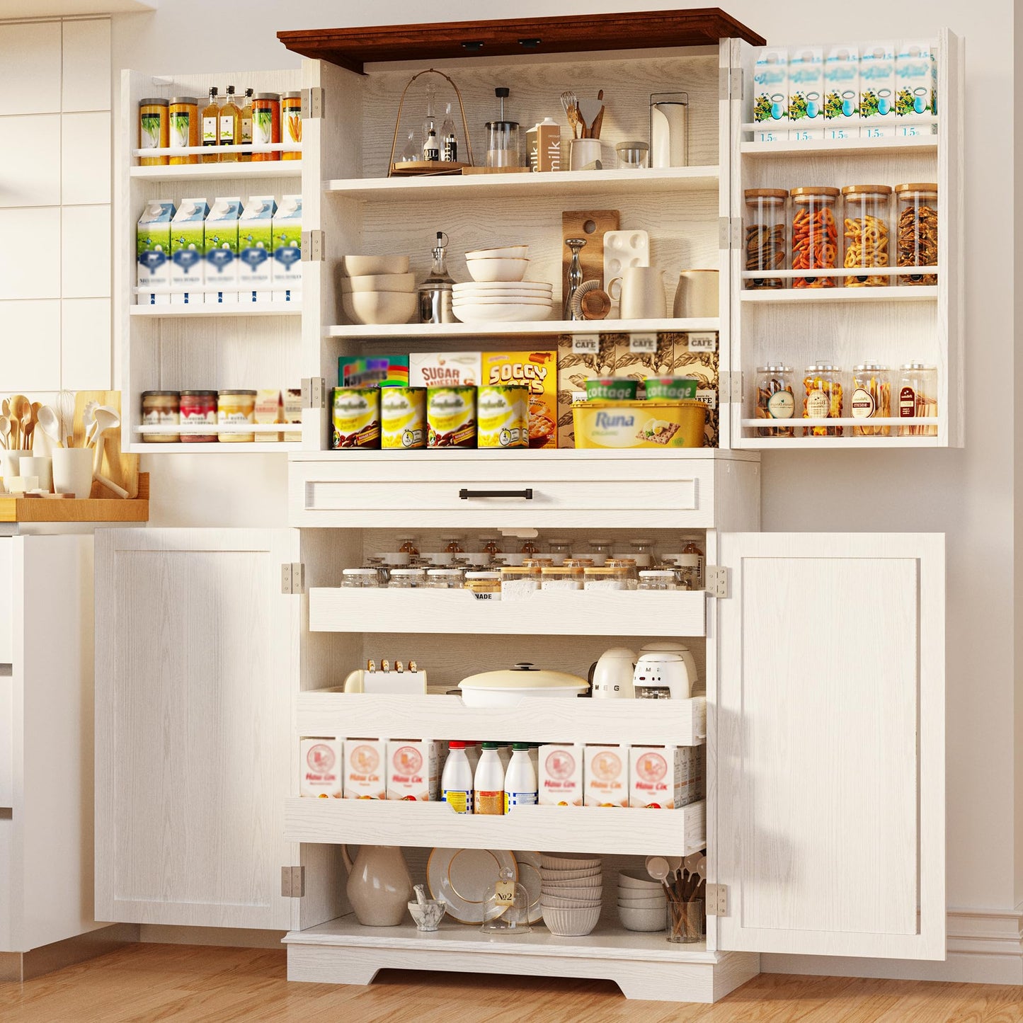 IRONCK Farmhouse Pantry Cabinet, 72" Tall Kitchen Storage Cabinet, Freestanding Cupboard with Sliding Rack & 6 Hanging Shelves,Kitchen Pantry Furniture for Dining Room, Easy Assembly, White