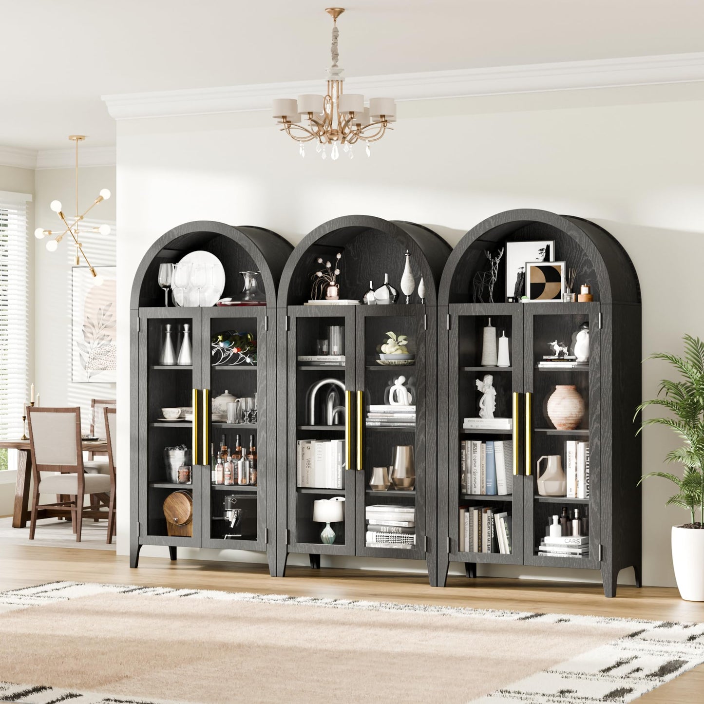 Trygoal 63" Arched Display Cabinet with Glass Doors, 5-Tier Curio Cabinet for Living Room, Arched Storage Cabinet with Adjustable Shelves for Dining Room & Home Office, Black