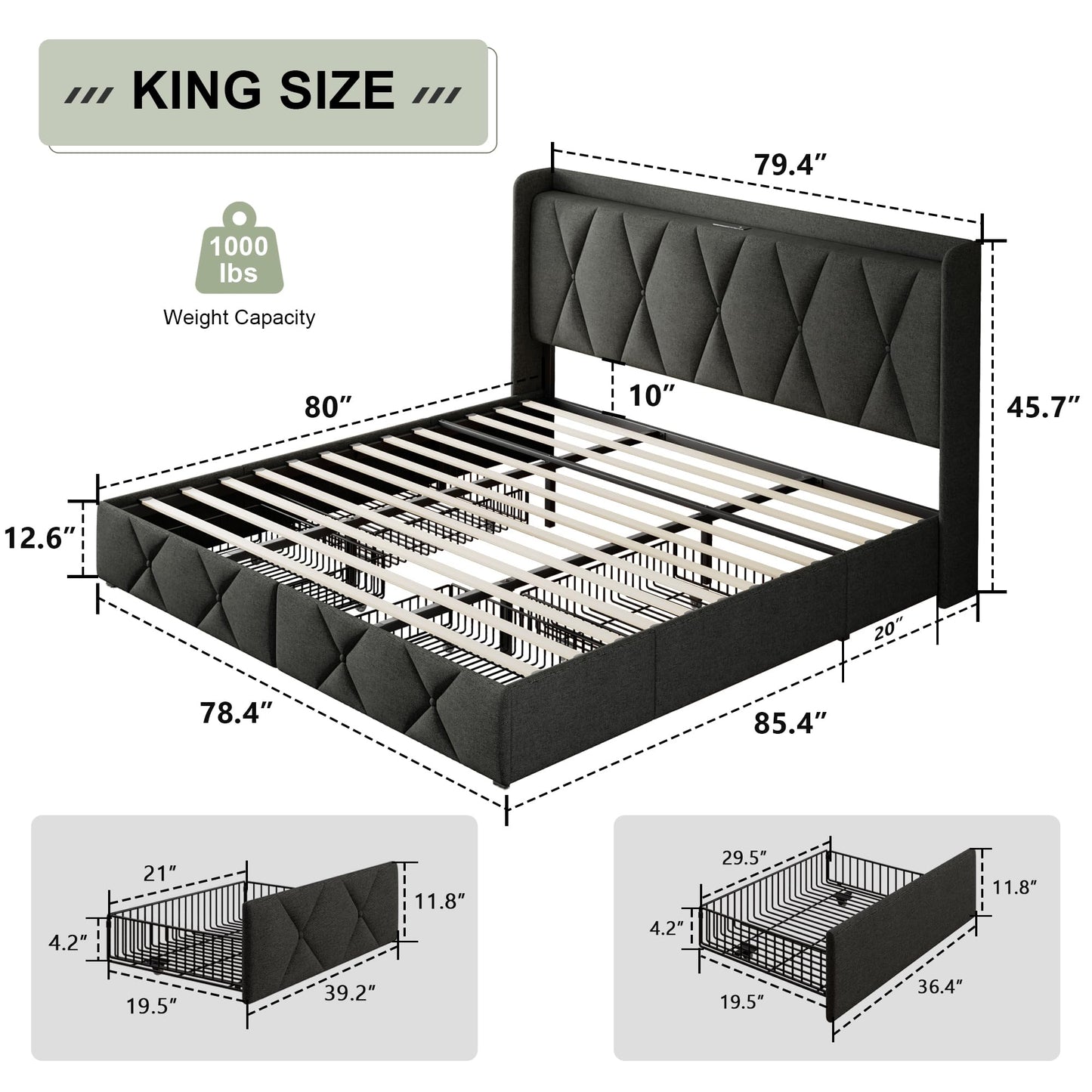 Feonase King Size Bed Frame with 4 Storage Drawers, Upholstered Platform Bed with Charging Station, Wingback Storage Headboard, Wooden Slats Support, No Box Spring Needed, Easy-Assembly, Dark Grey