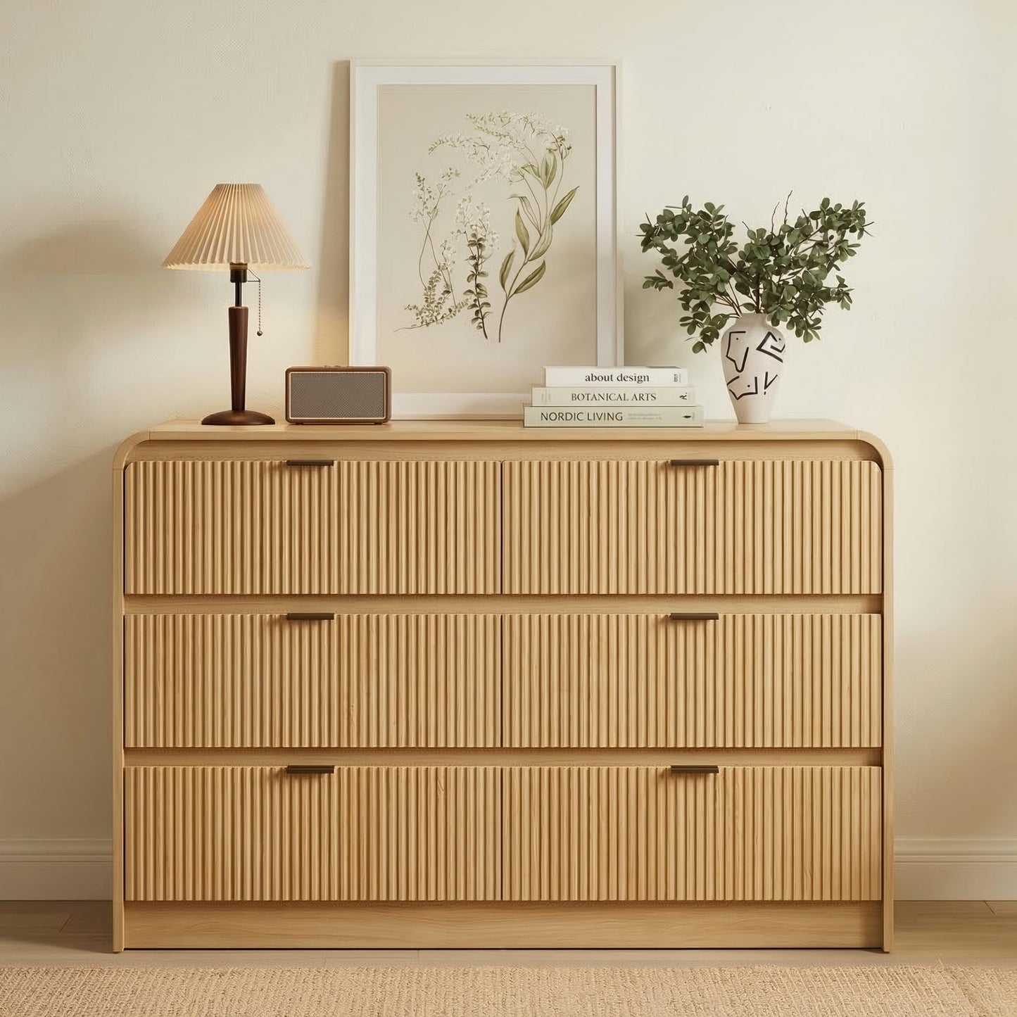 FURSUN Fluted 6 Drawers Dresser for Bedroom, 54" Wide Wooden Dresser with Metal Handle, Curved Profile Design, Modern Storage Organizer for Bedroom, Living Room, Hallway, Natural Oak