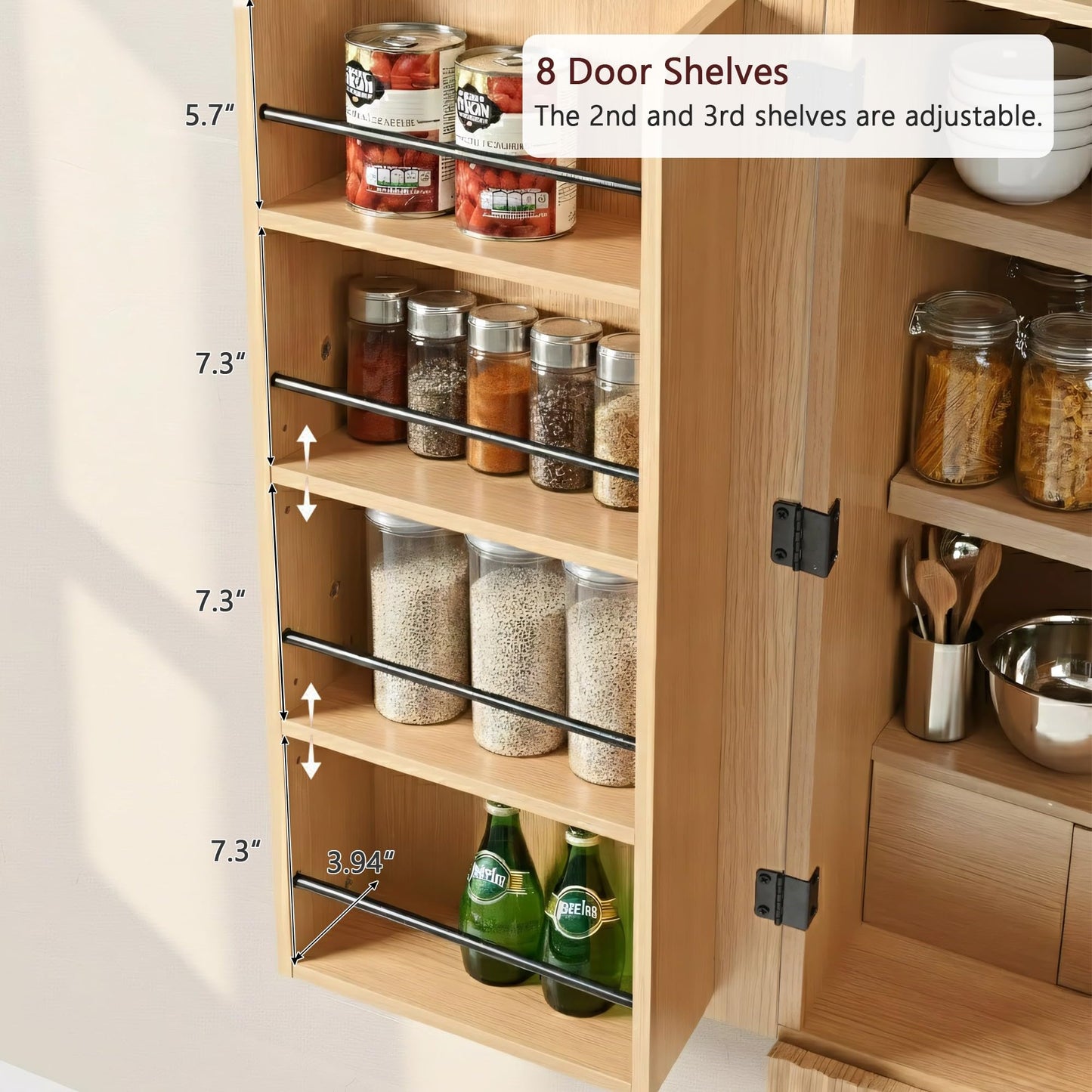 Merax 72" Tall Arched Cabinet Kitchen Pantry with 4 Doors, Fluted Storage Cabinets with 3 Adjustable Shelves & 1 Hidden Drawer & 8 Door Shelves, Versatile Cupboard for Kitchen, Dining Room, Natural
