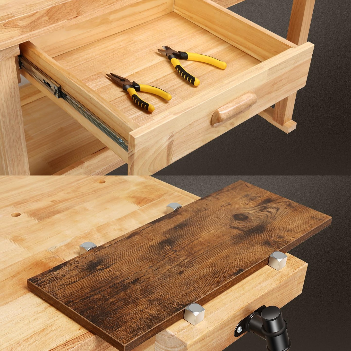 DNA Motoring Heavy Duty Wood Workbench, Wooden Workbench with 2 Drawers for Workshop, Garage, W/Adjustable Handle, TOOLS-00521