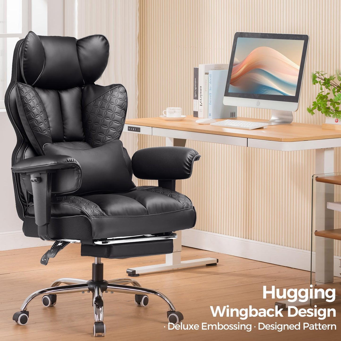 COMHOMA Big and Tall Office Chair Heavy Duty Wide Ergonomic Gaming Chair with Deluxe Embossing Leather with Foot Rest 150°Reclining Adjustable Armrests Pocket Spring Back Support and Without Pillow