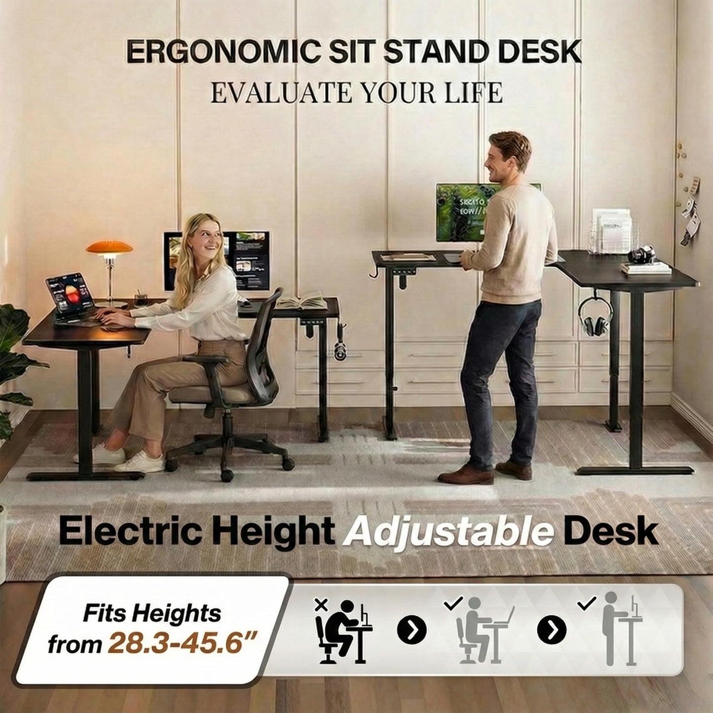 Grandder 63 x 55 Inch L Shaped Standing Desk, Electric Height Adjustable Corner Stand Up Desk, Sit Stand Corner Table Home Office Table, Black Top Black Frame