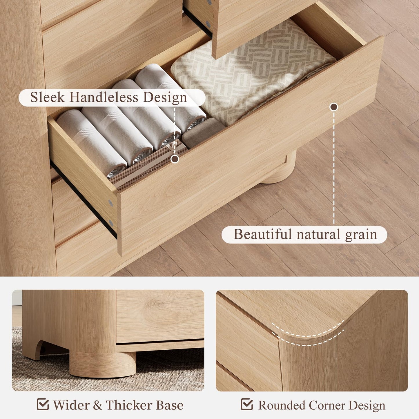 YANSNWO Dresser for Bedroom with 6 Drawers, 48" Tall Modern Chest of Drawers with Unique Thickened Foot, Rounded Corner Design, Wooden Dresser Organizer for Bedroom, Living Room, Hallway, Natural Oak