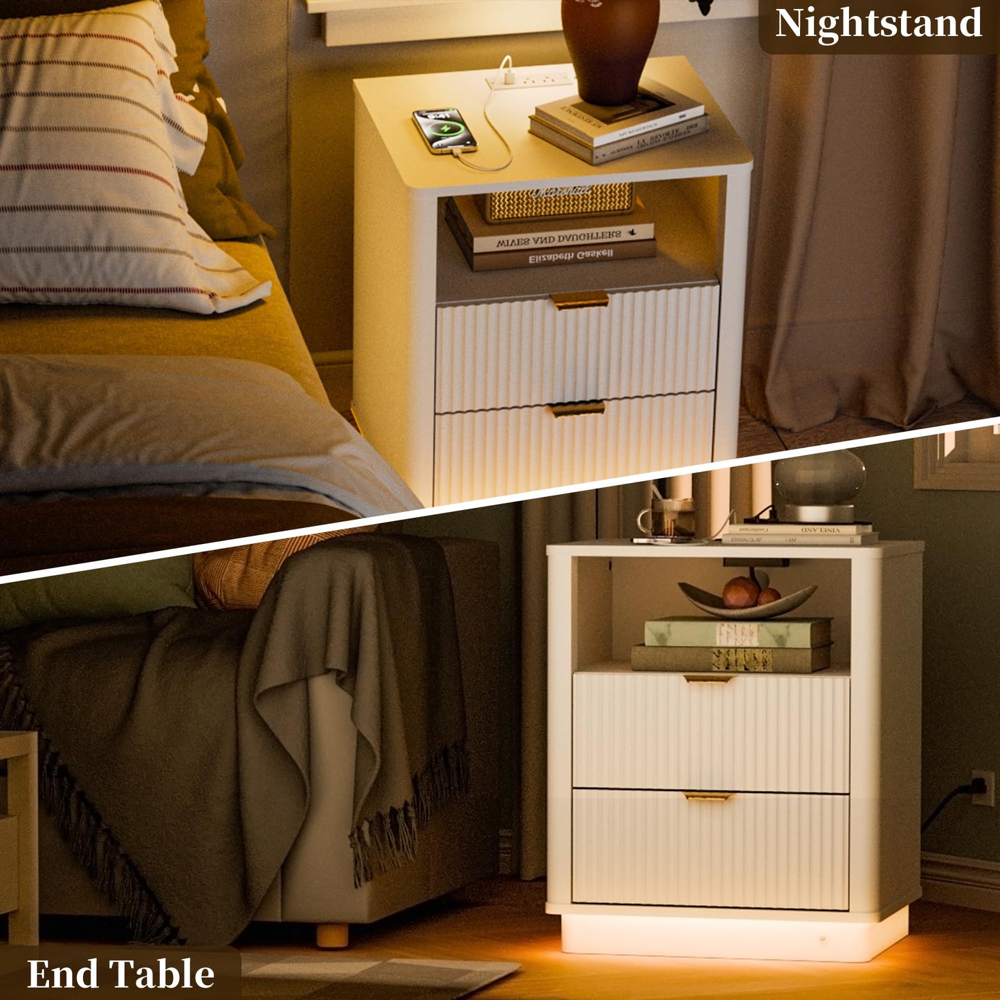 BONITURE Fluted Night Stand Set of 2, Curved Nightstands with Charging Station Lighting, Wood End Table with 2 Drawers, Modern Side Table Storage Cabinet for Bedroom Office,(2, White)