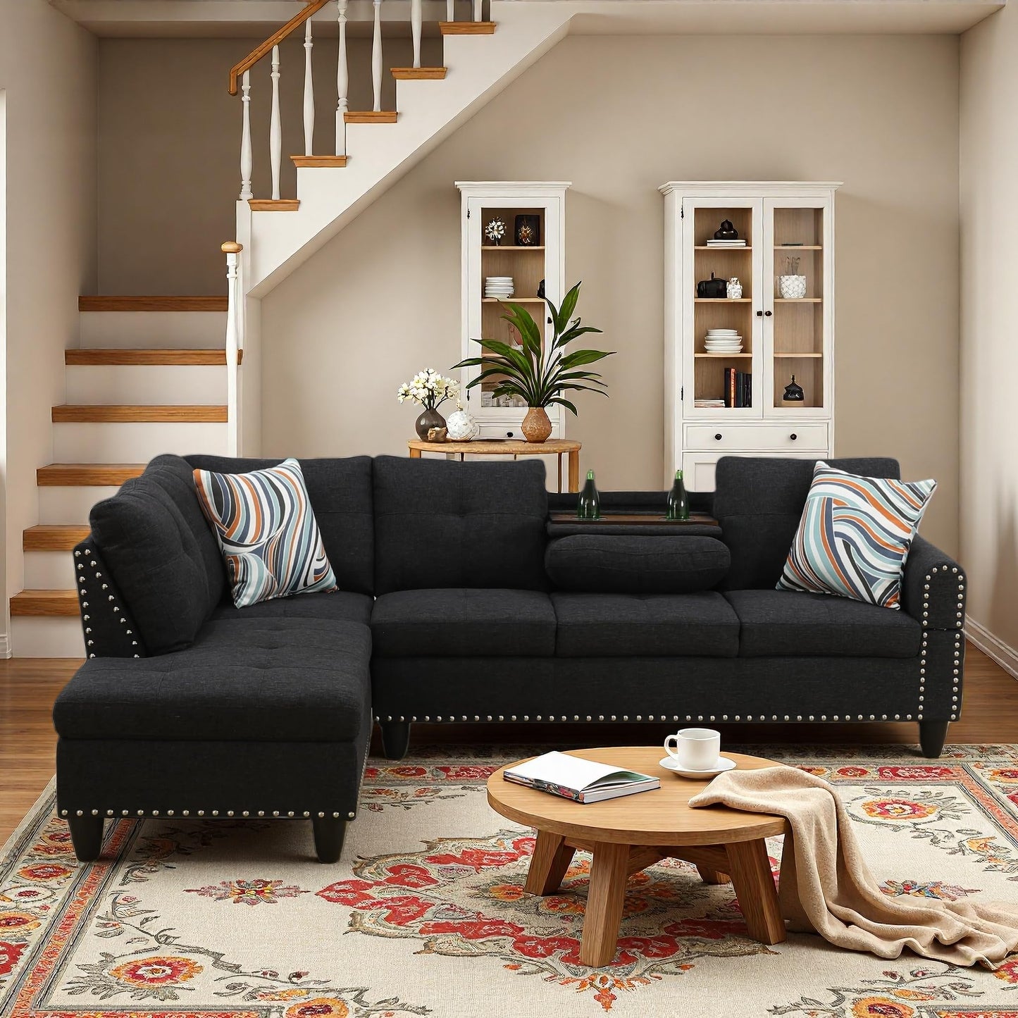 Trygoal L-Shaped Sectional Sofa, Modern 4-Seat Couch with Built-in Cup Holders, Upholstered Fabric Sectional Couch with Left Facing Chaise for Living Room, Apartment, Office, Black Gray