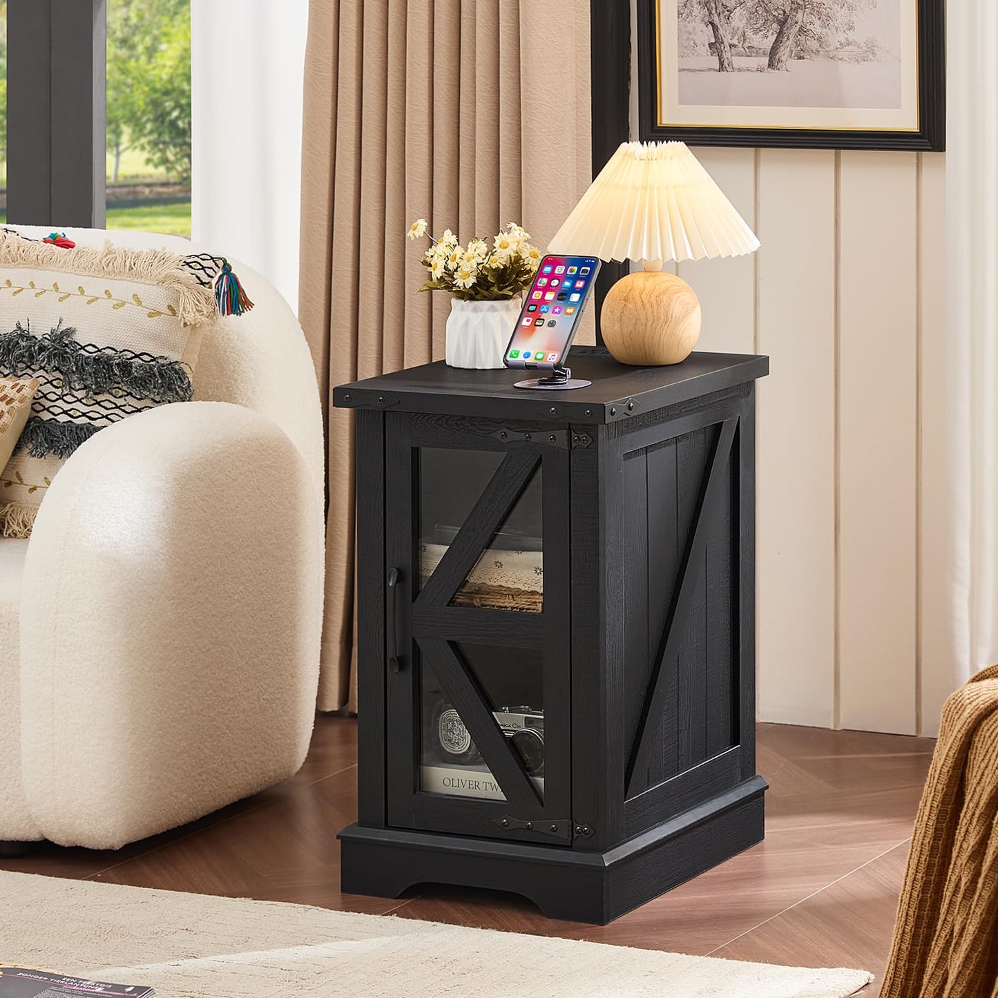 Joaxswe Narrow Night Stand Set 2 with Charger Station, Farmhouse Side End Table with Glass Barn Door Storage, Bedside Tables, Black Nightstand Cabinet Organizer for Small Spaces Living Room Bedroom