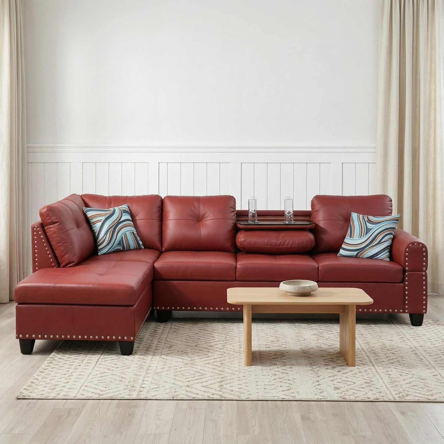 Trygoal L-Shaped Sectional Sofa, Modern 4-Seat Couch with Built-in Cup Holders, Leather Sectional Couch with Left Facing Chaise for Living Room, Apartment, Office, Red