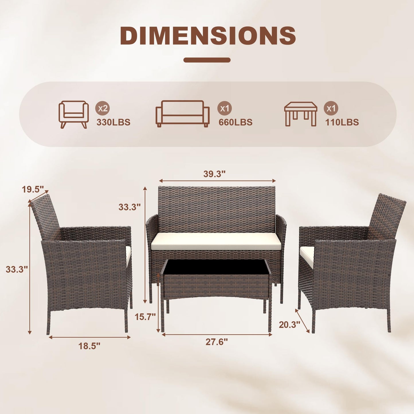 4 Pieces Patio Furniture Sets, Outdoor Wicker Conversation Sets with Soft Cushion and Glass Table, All Weather Manual Rattan Chairs for Garden, Terrace, Porch, Lawn, Poolside, Brown and Beige