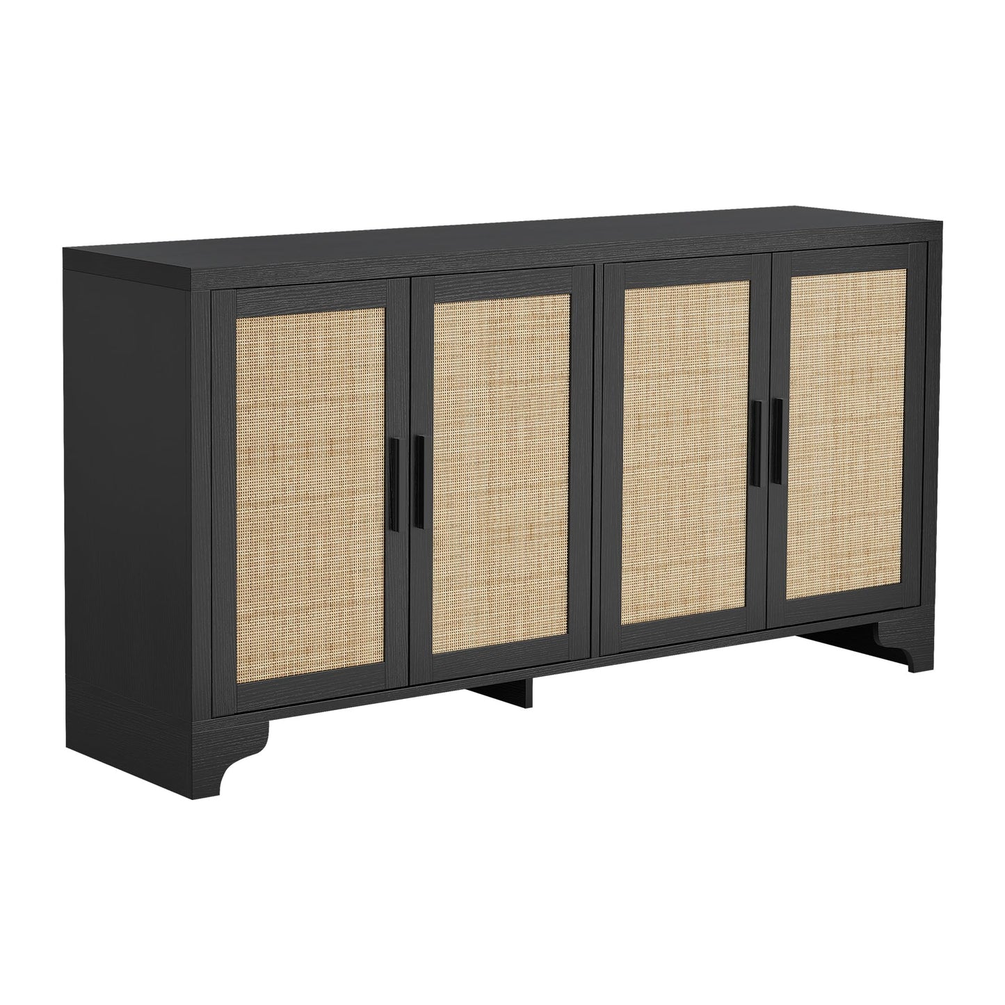 IDEALHOUSE Natural Rattan Sideboard Buffet Cabinet with Storage, Farmhouse Large Rattan Cabinet with 4 Doors, Wood Accent Coffee Bar Buffet Console Tables for Kitchen Living Room Entryway