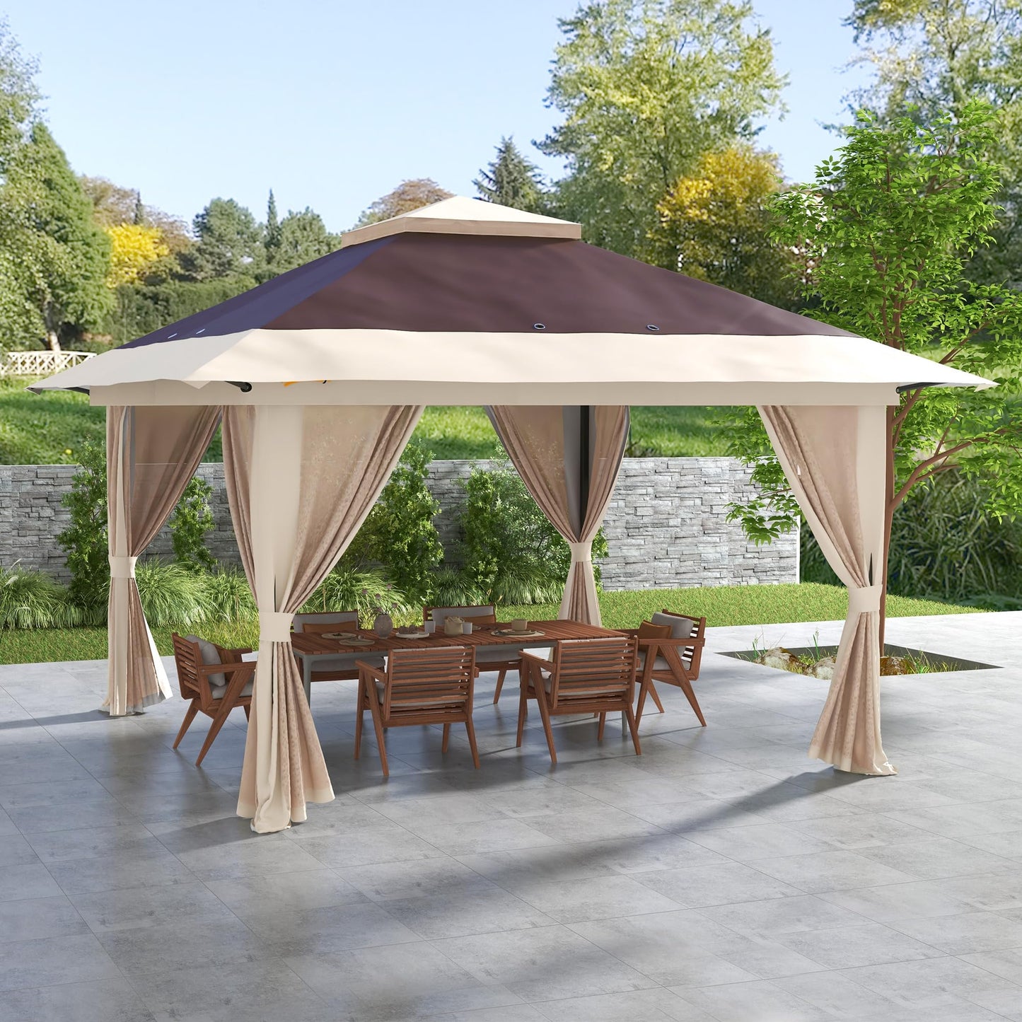 Outsunny 13' x 13' Pop Up Gazebo with Netting, UPF 50+ Instant Canopy Tent Shelter with Water/Sand Bags, Wheeled Carry Bag, for Outdoor, Garden, Parties, Brown